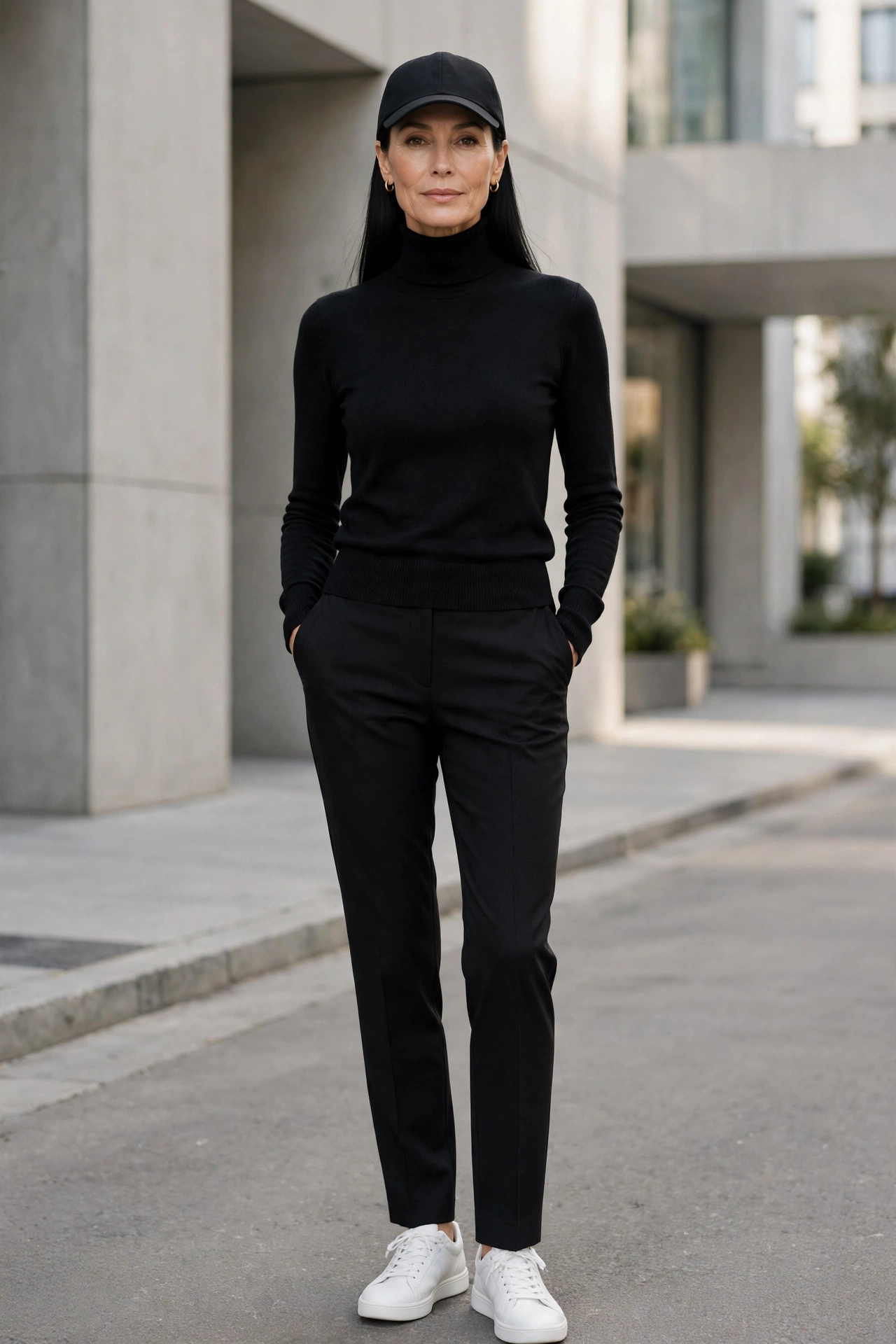 Woman over 50 in a black baseball cap with an all-black outfit of turtleneck and tailored trousers and white sneakers