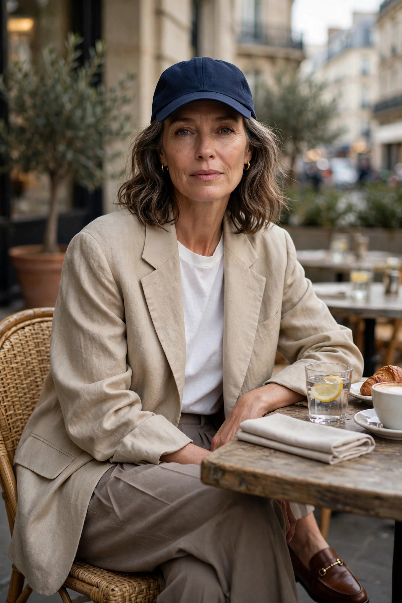 Woman over 50 in a navy baseball cap with an oversized beige blazer, white t-shirt and pleated trousers