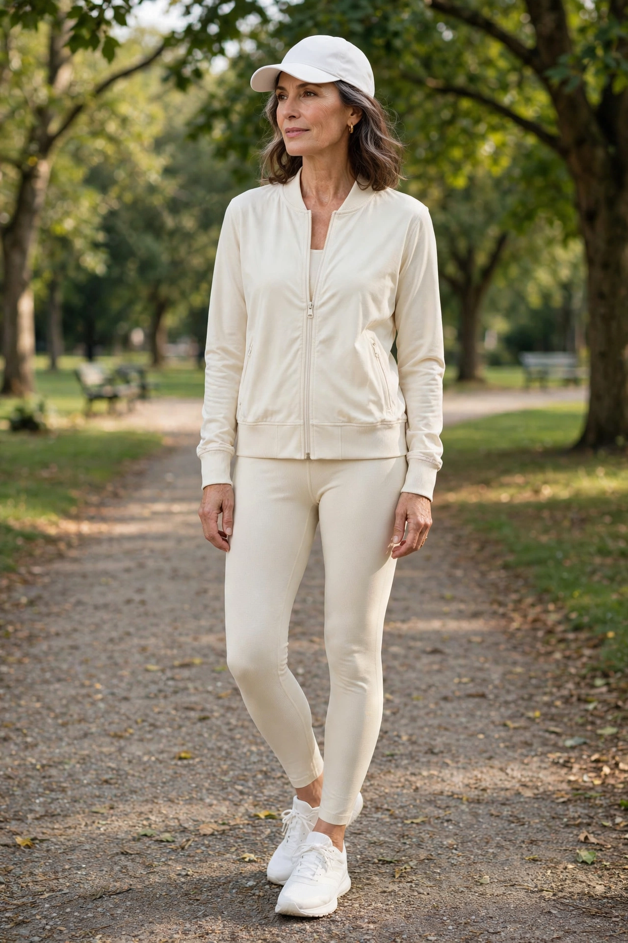 Woman over 50 in a white baseball cap with a cream athleisure zip-up set and white sneakers