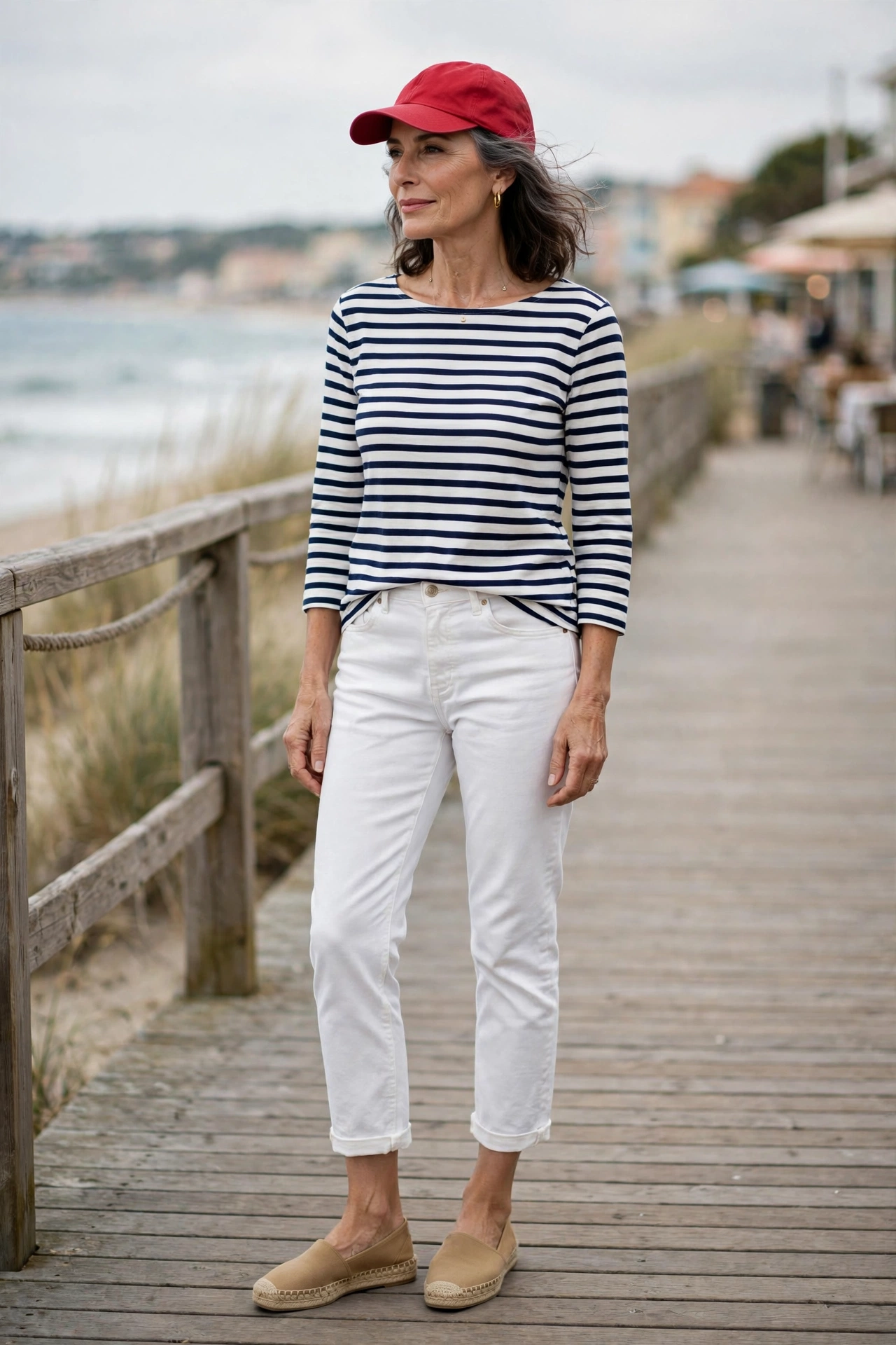 Woman over 50 in a red baseball cap with a navy Breton striped top and white jeans