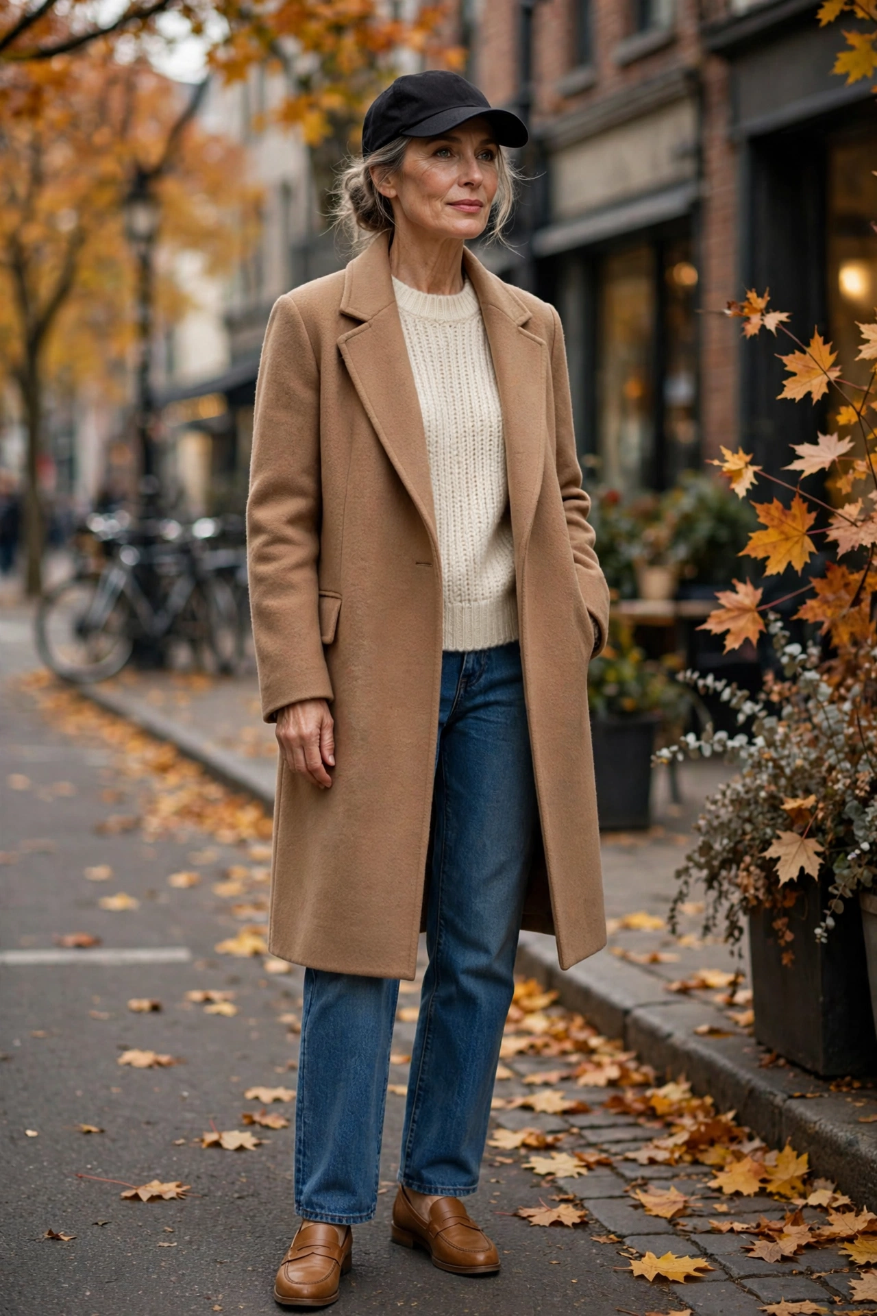 Woman over 50 in a black baseball cap with a camel wool coat, ivory sweater and tan loafers