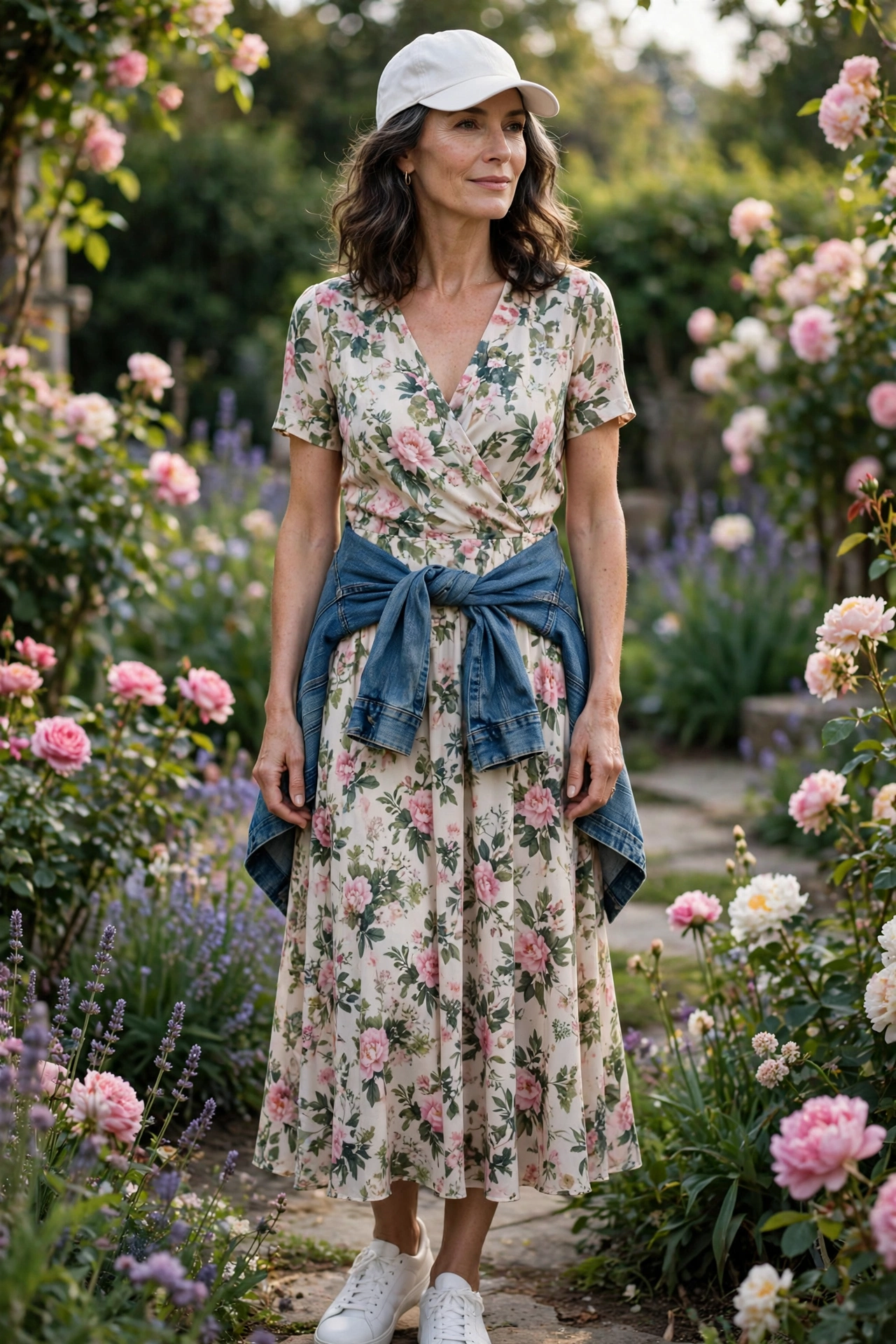 Woman over 50 in a white baseball cap with a floral midi dress and white sneakers in a garden