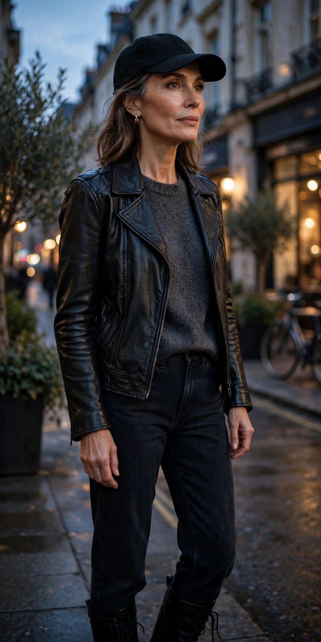 Woman over 50 in a black baseball cap with a black leather jacket and dark jeans