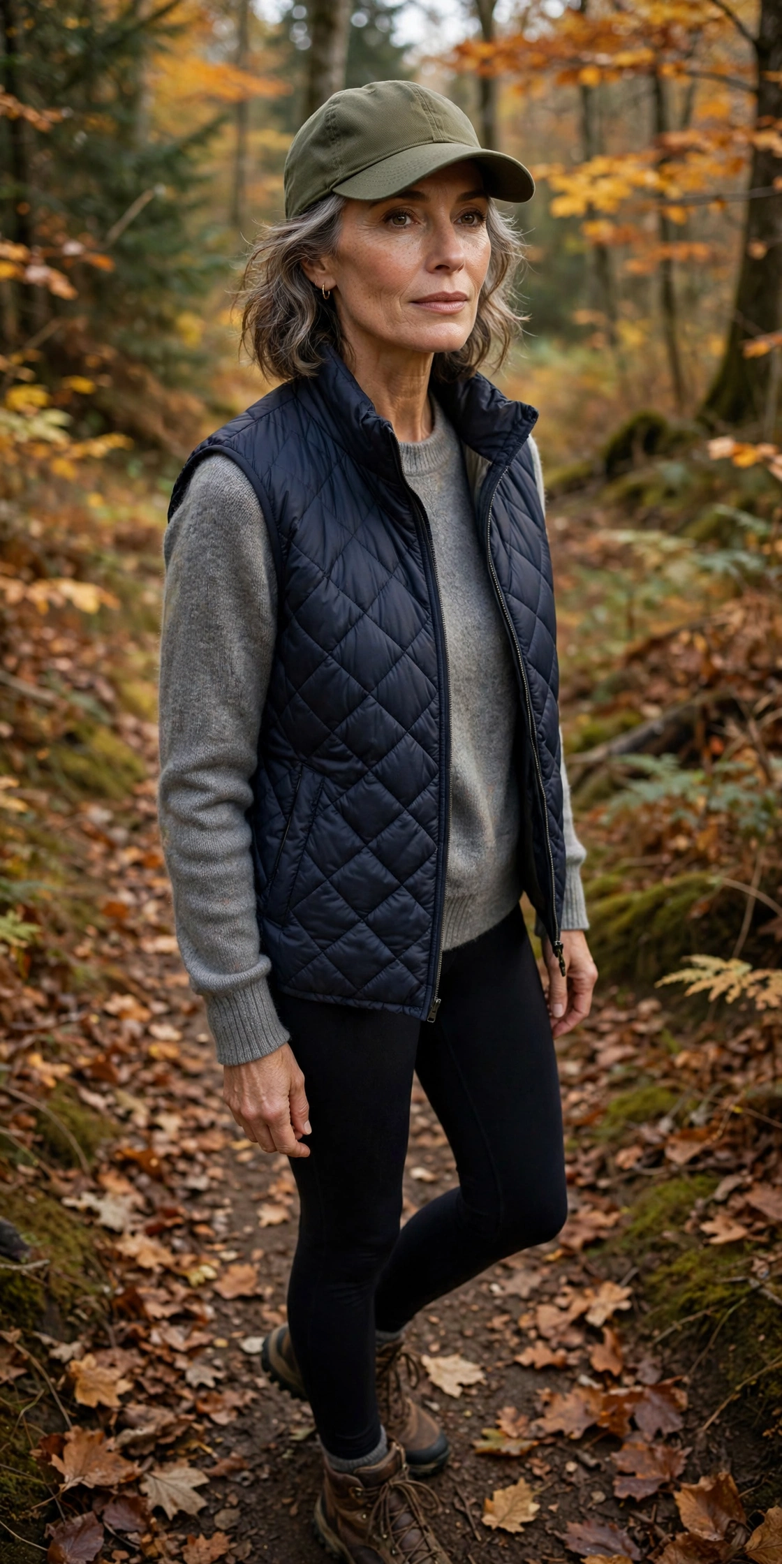 Woman over 50 in an olive baseball cap with a navy puffer vest, grey sweater and hiking boots