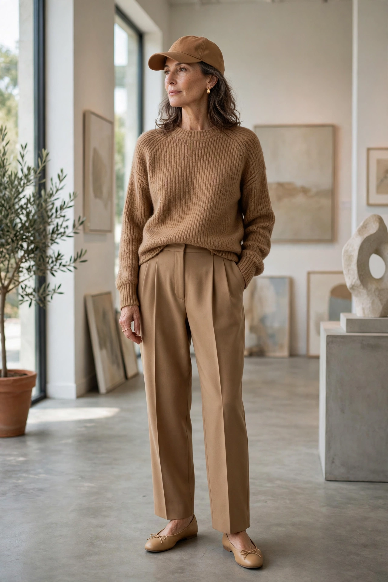 Woman over 50 in a camel baseball cap with an all-camel knit sweater and pleated trousers