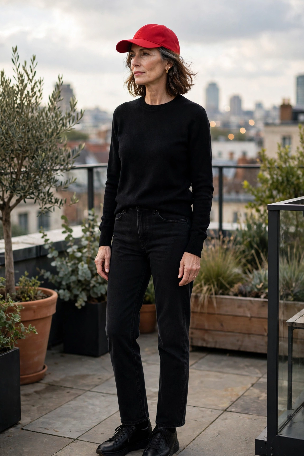 Woman over 50 in a red baseball cap with an all-black crewneck sweater and jeans
