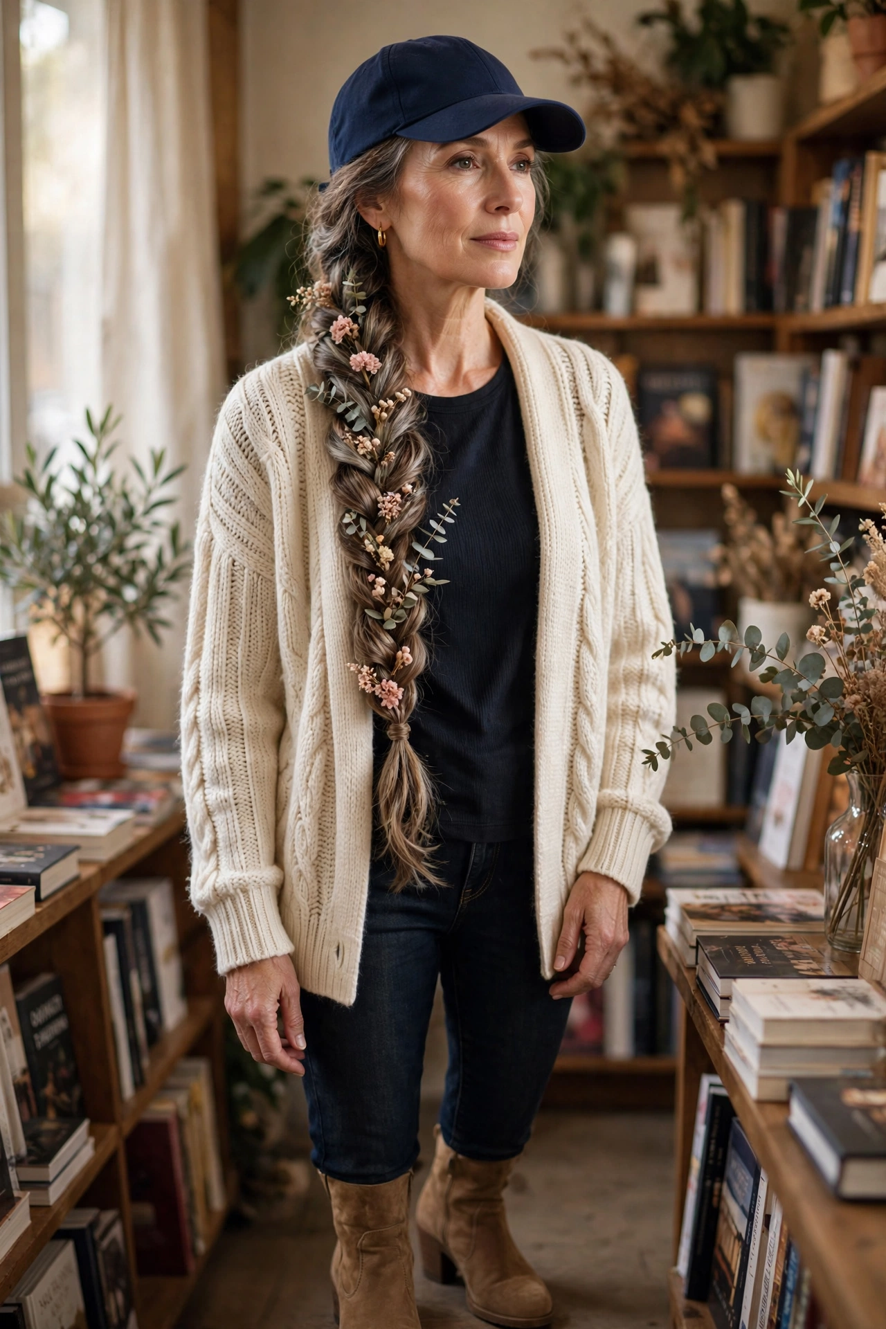 Woman over 50 in a navy baseball cap with a cream cardigan and a floral side braid