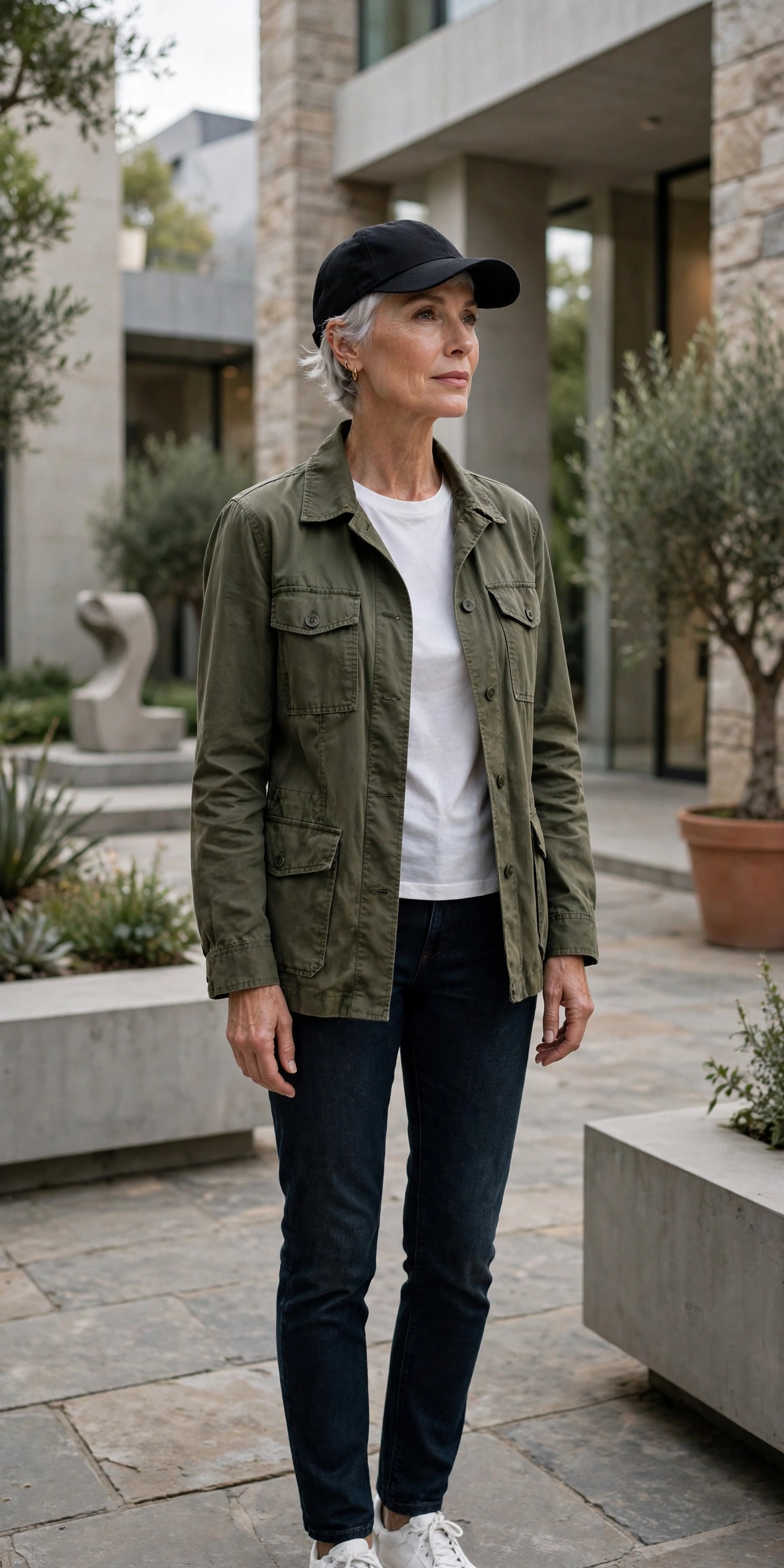 Woman over 50 with a silver pixie tucked under a black baseball cap, olive utility jacket and jeans