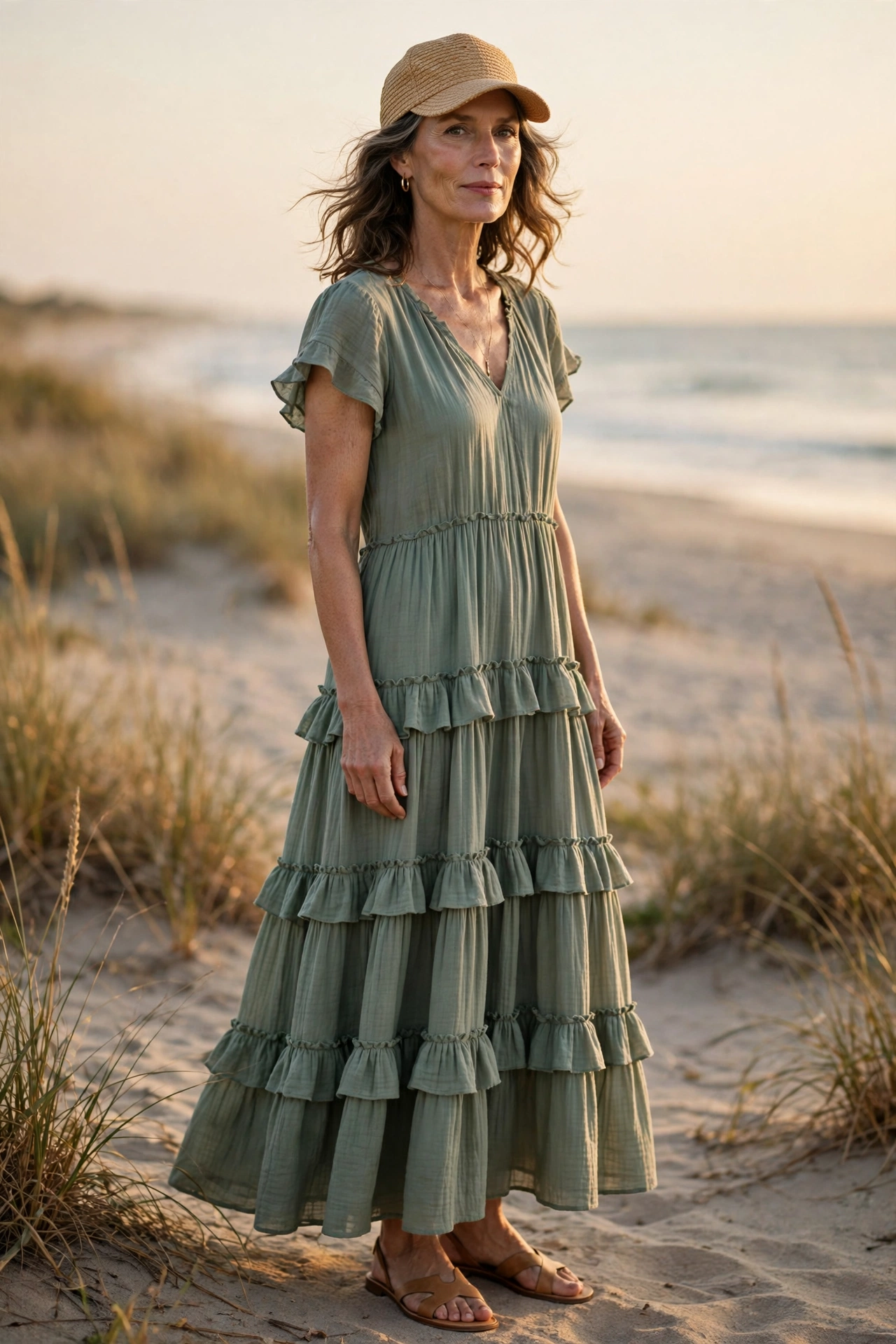 Woman over 50 in a straw baseball cap with a sage tiered maxi dress on the beach