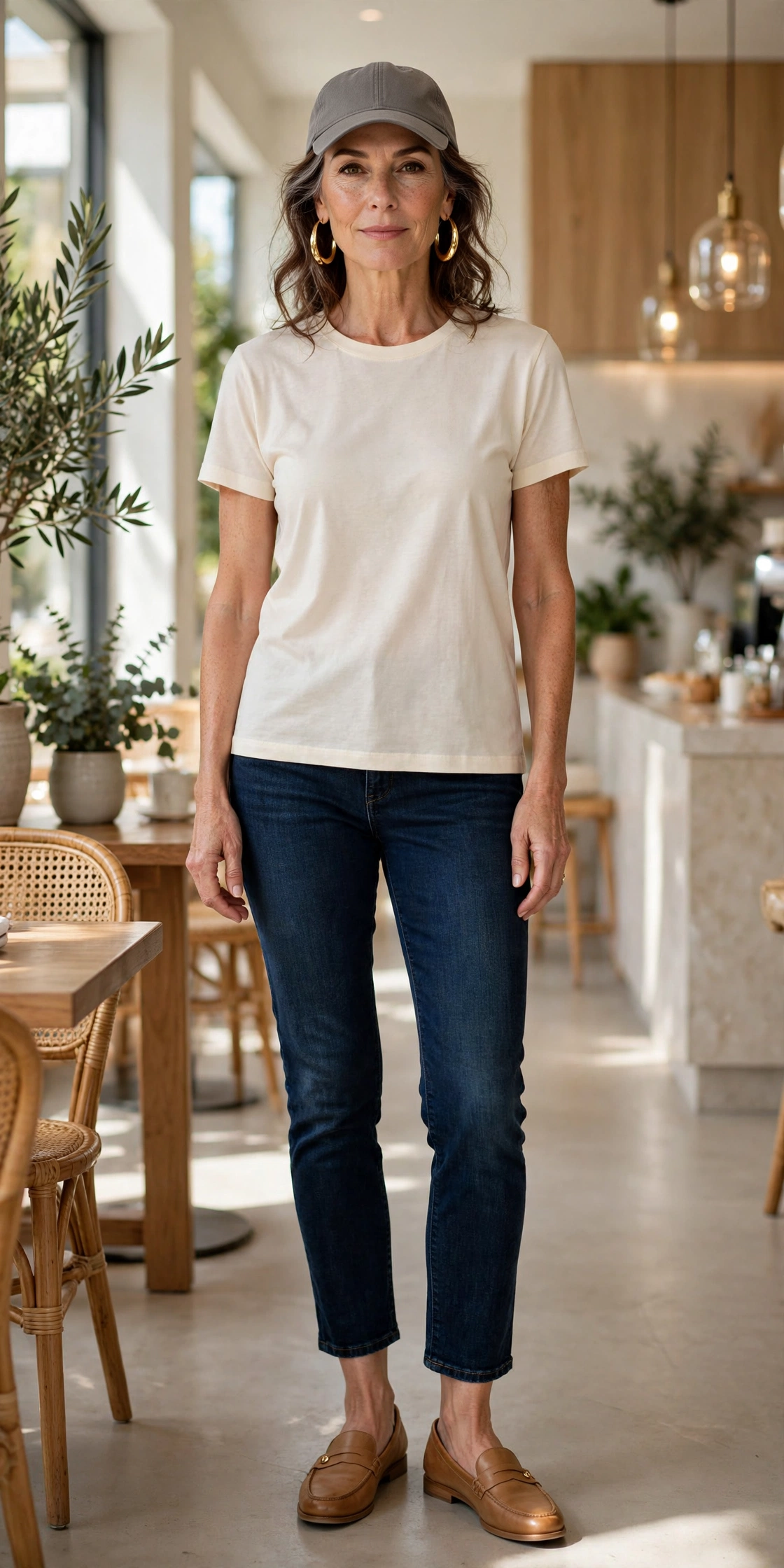Woman over 50 in a grey baseball cap with gold hoop earrings, cream tee and tan loafers