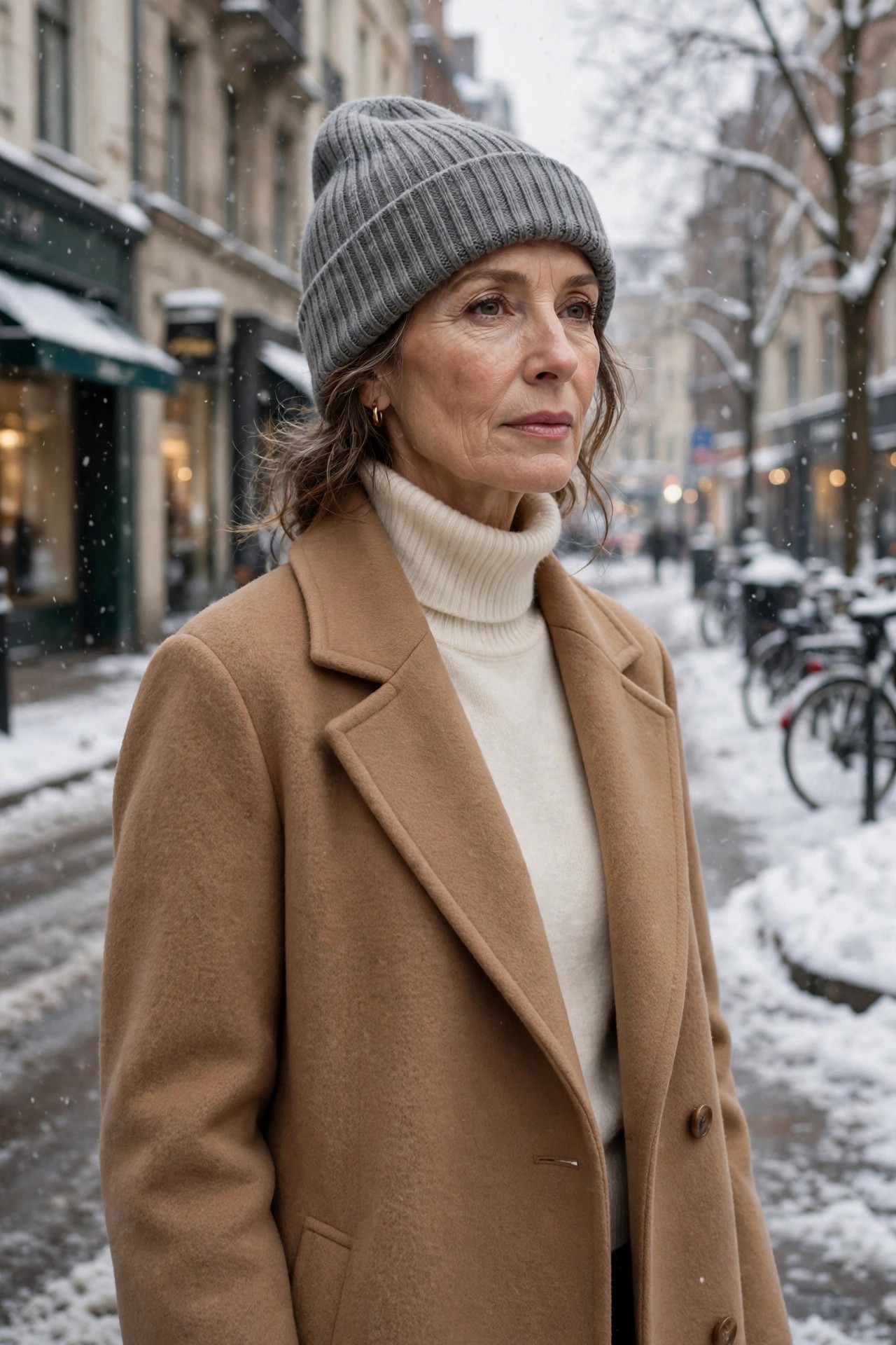 Woman over 50 wearing a grey cuffed beanie with cream turtleneck and camel coat