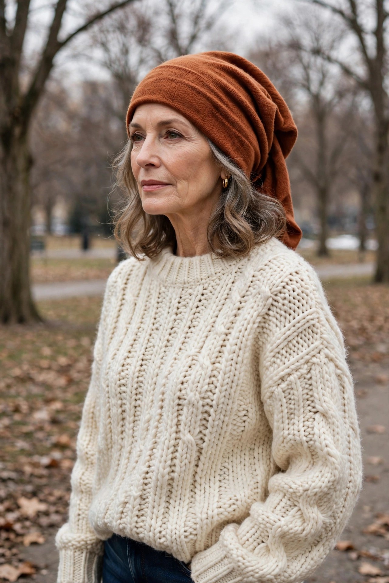 Woman over 50 in a rust slouchy beanie with chunky cream knit sweater