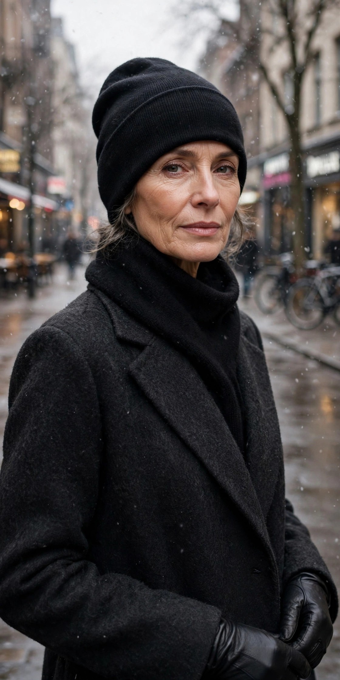 Woman over 50 wearing a black fitted beanie pulled low with charcoal coat