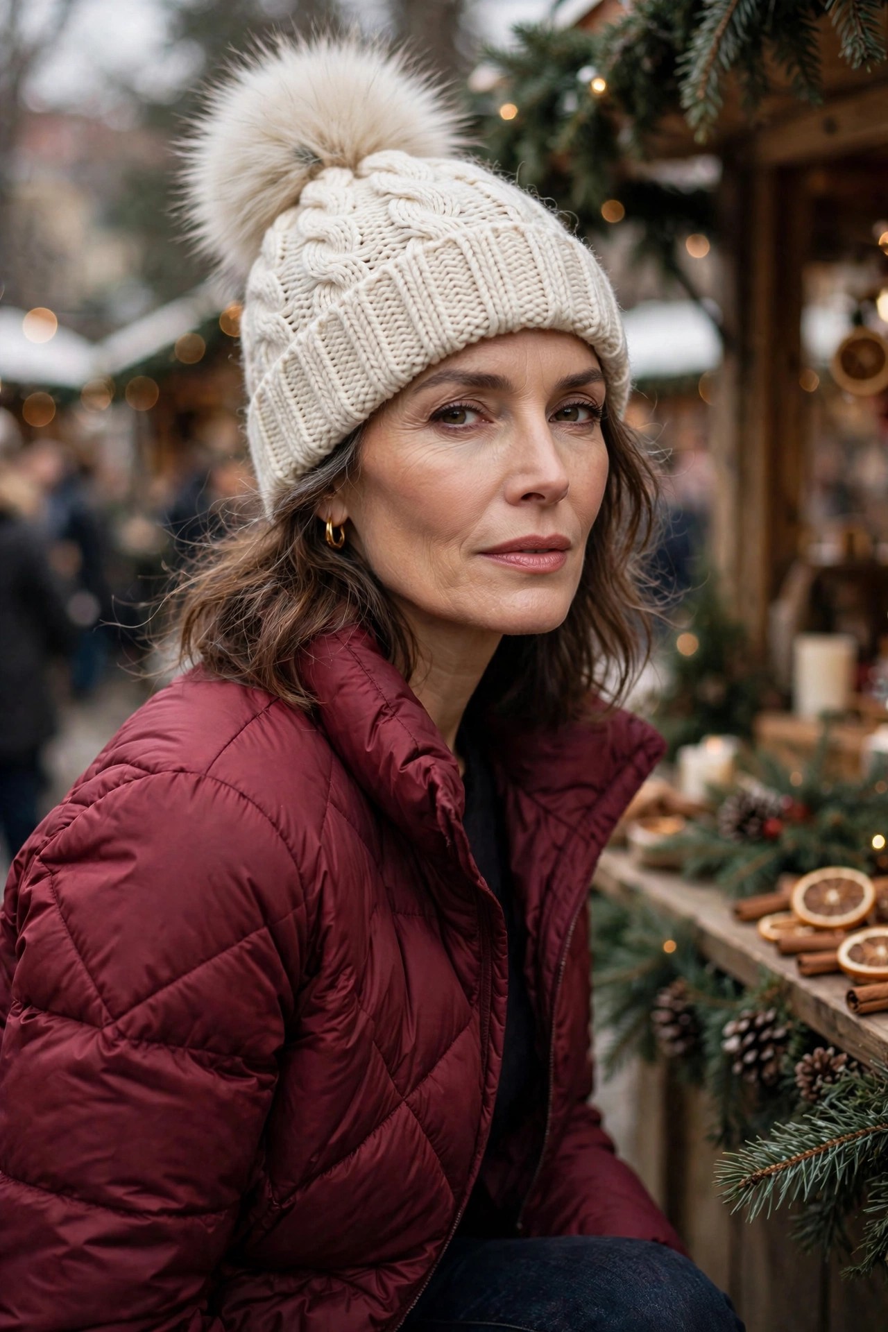 Woman over 50 in a cream pom-pom beanie with burgundy puffer jacket