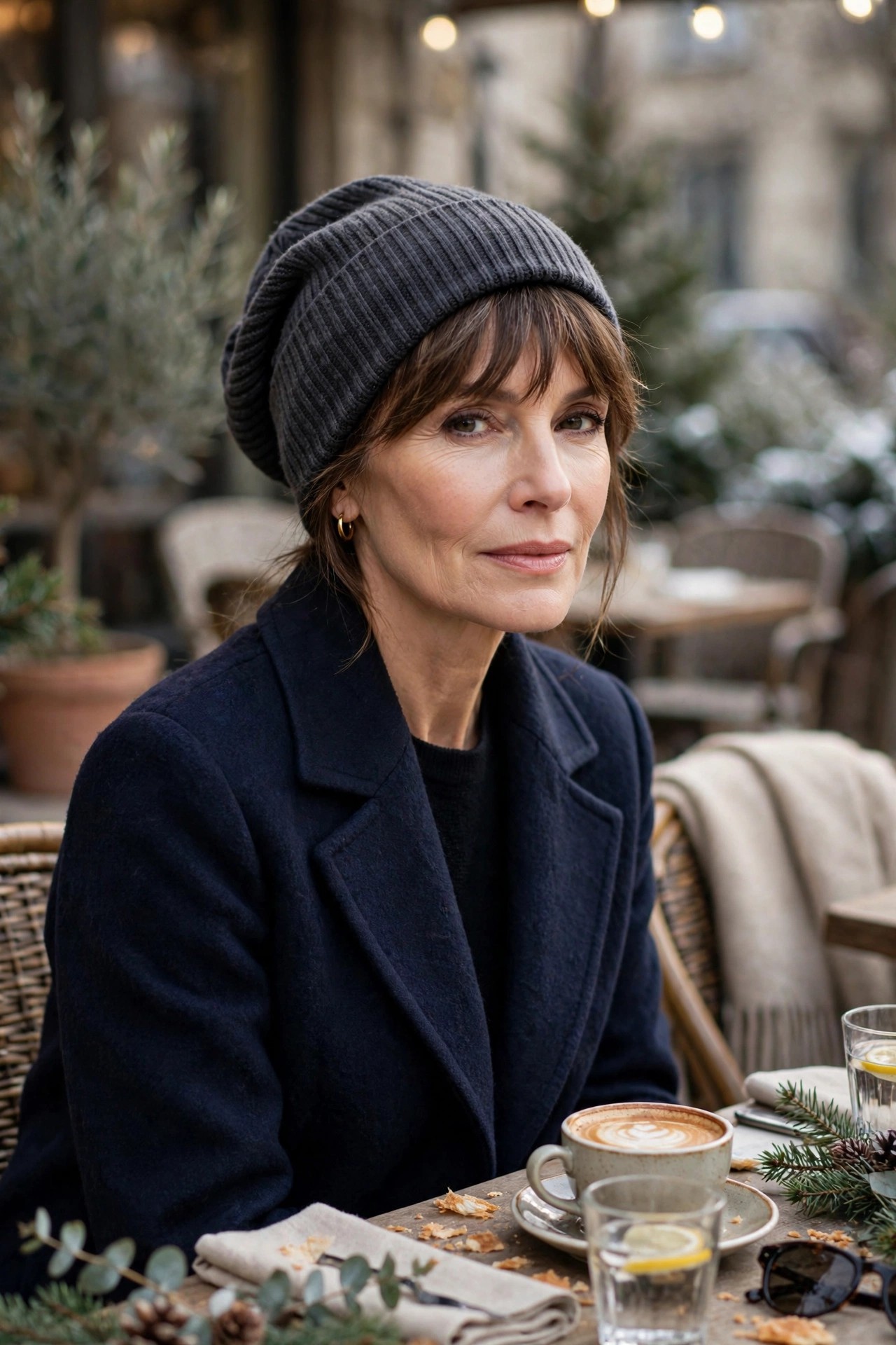 Woman over 50 with fringe showing under a charcoal beanie at a winter cafe