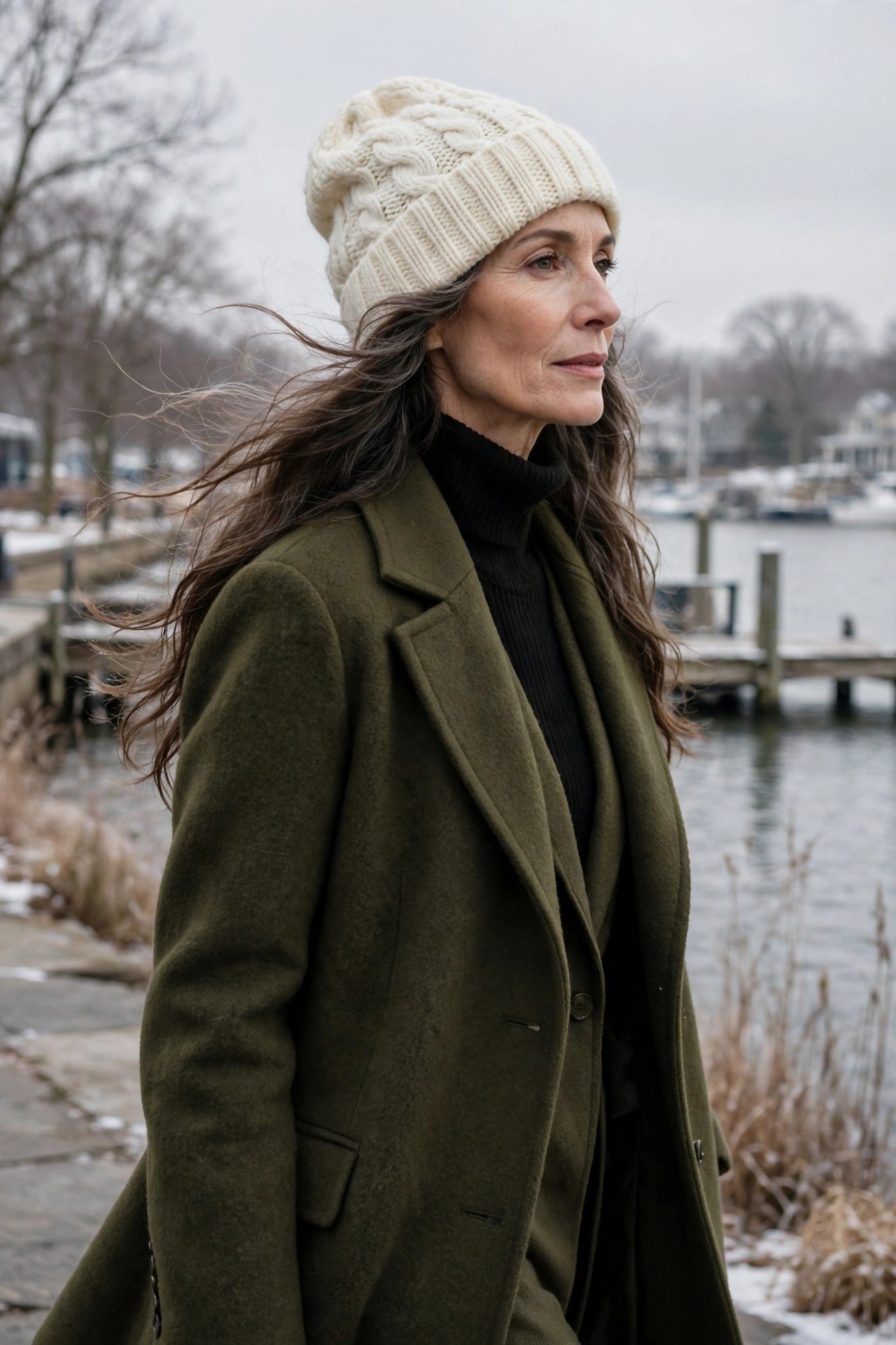 Woman over 50 with long hair under an ivory beanie and olive wool coat