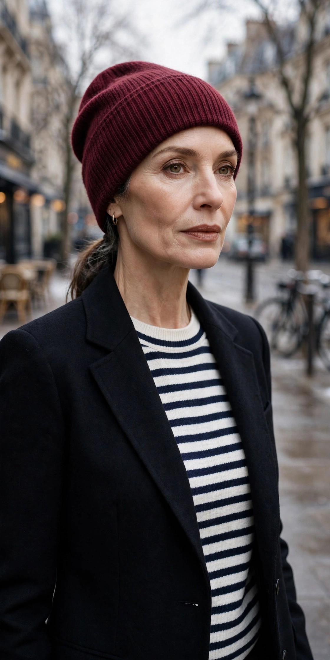 Woman over 50 wearing a burgundy beanie over a low ponytail with blazer