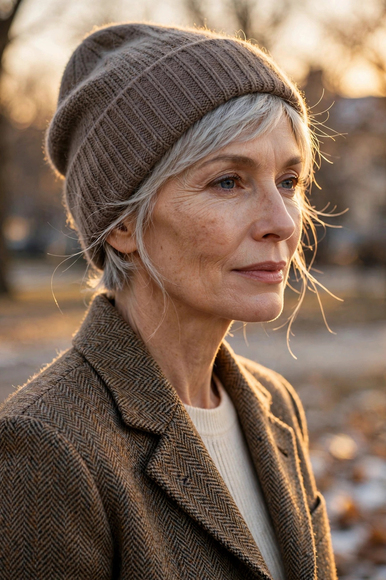 Woman over 50 with silver pixie hair peeking from a taupe beanie