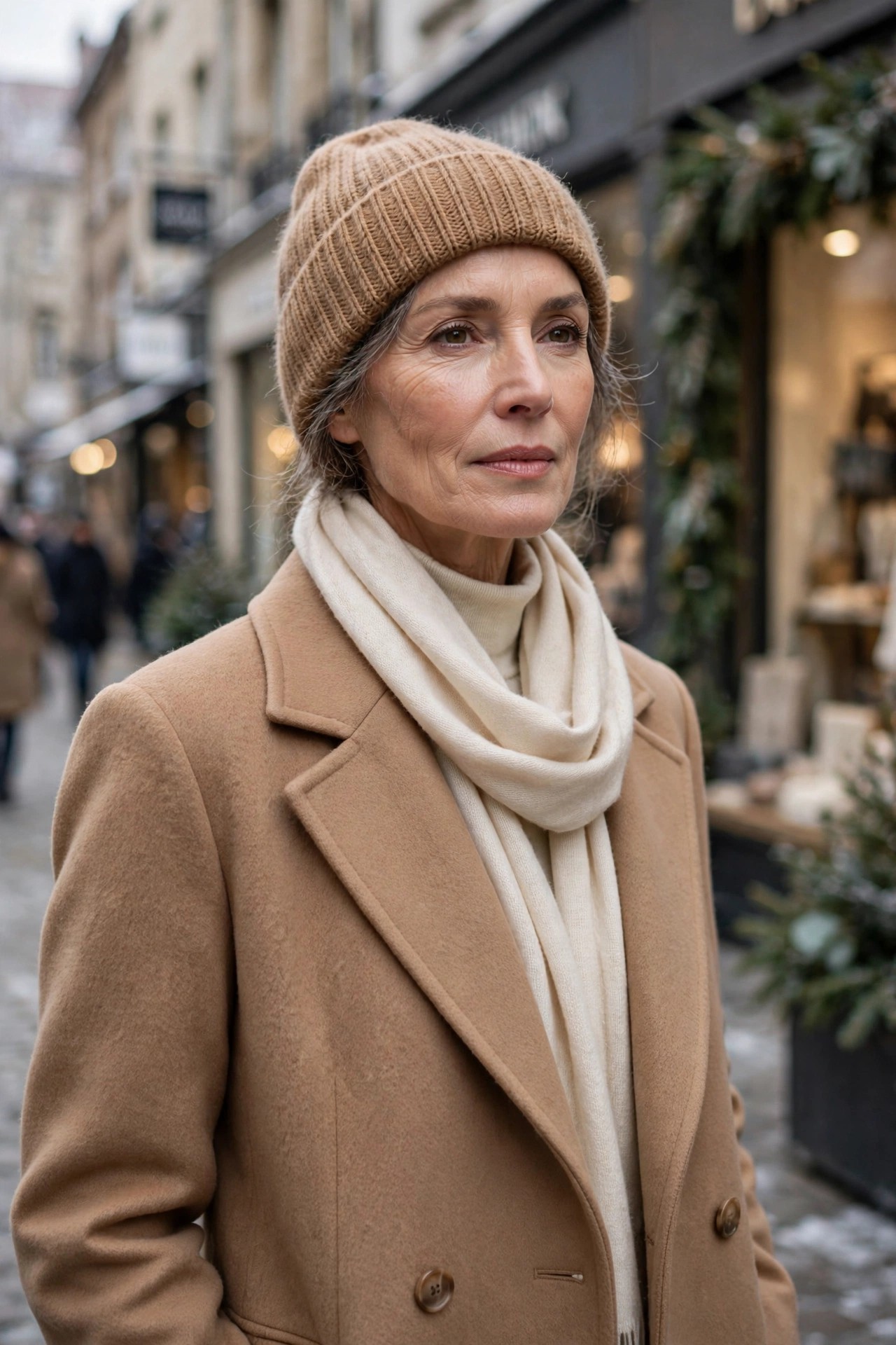 Woman over 50 in a camel beanie matching her camel coat, tonal winter outfit