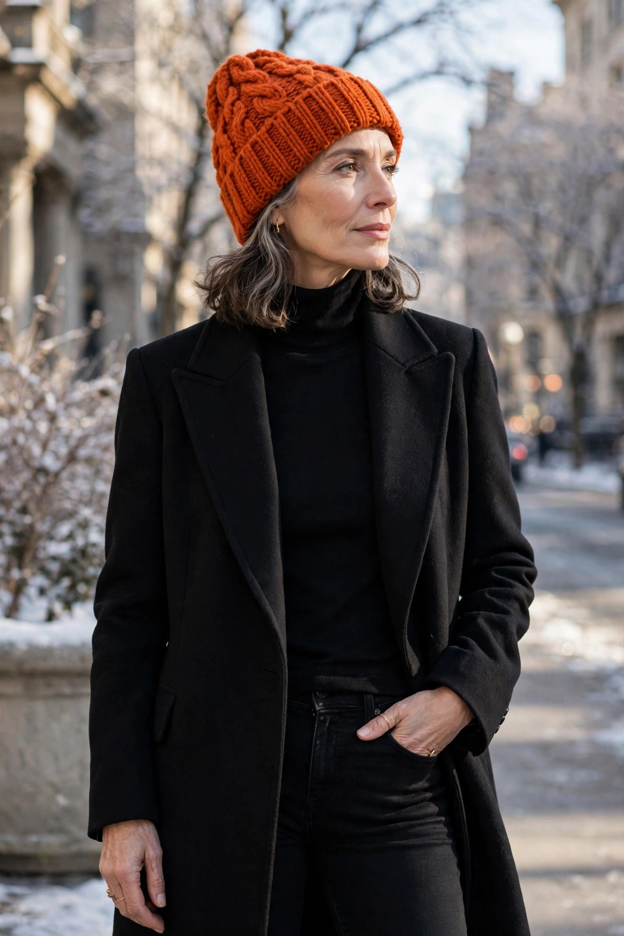 Woman over 50 wearing a bright orange beanie over an all-black outfit