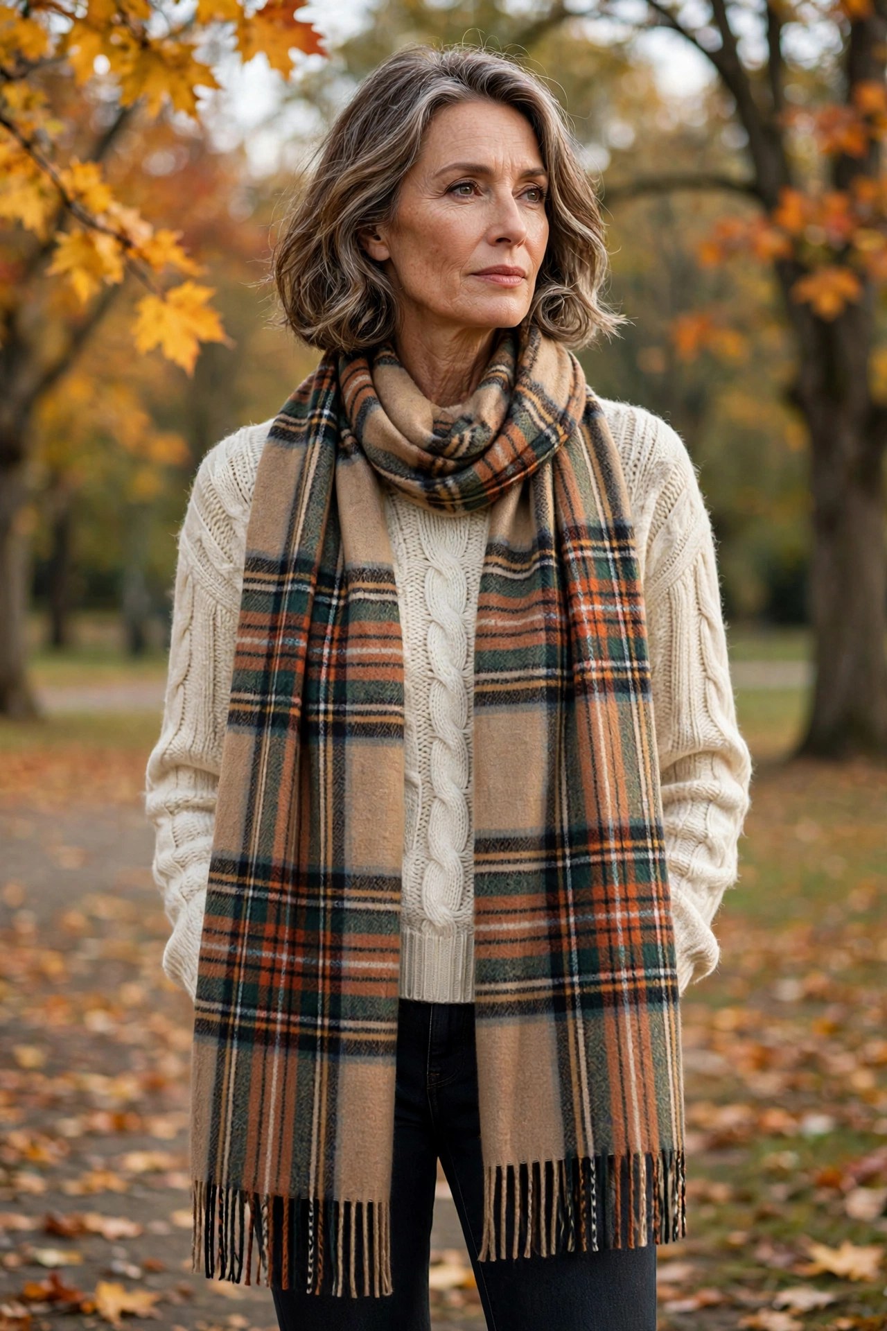 Woman over 50 wearing a cream sweater with a plaid blanket scarf in an open waterfall drape