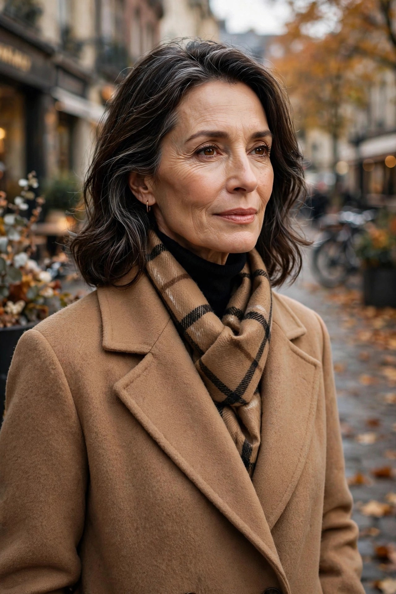 Woman over 50 in a camel wool coat with a blanket scarf looped once around her neck
