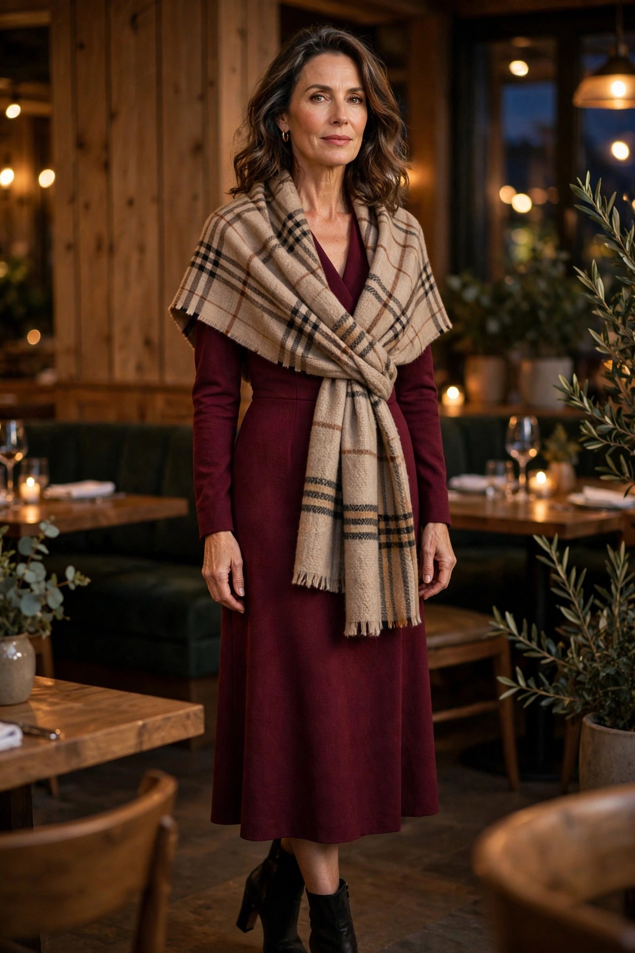 Woman over 50 wearing a burgundy midi dress with a blanket scarf draped as a shawl