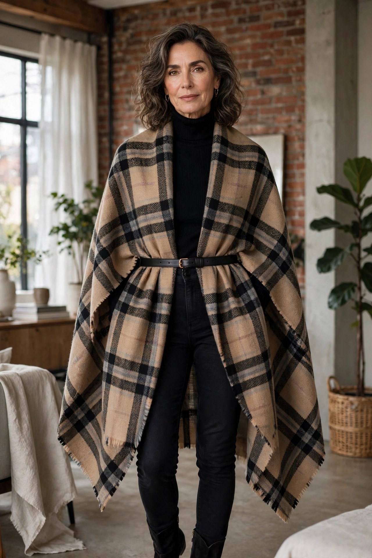 Woman over 50 in a black turtleneck with a plaid blanket scarf caped and belted at the waist