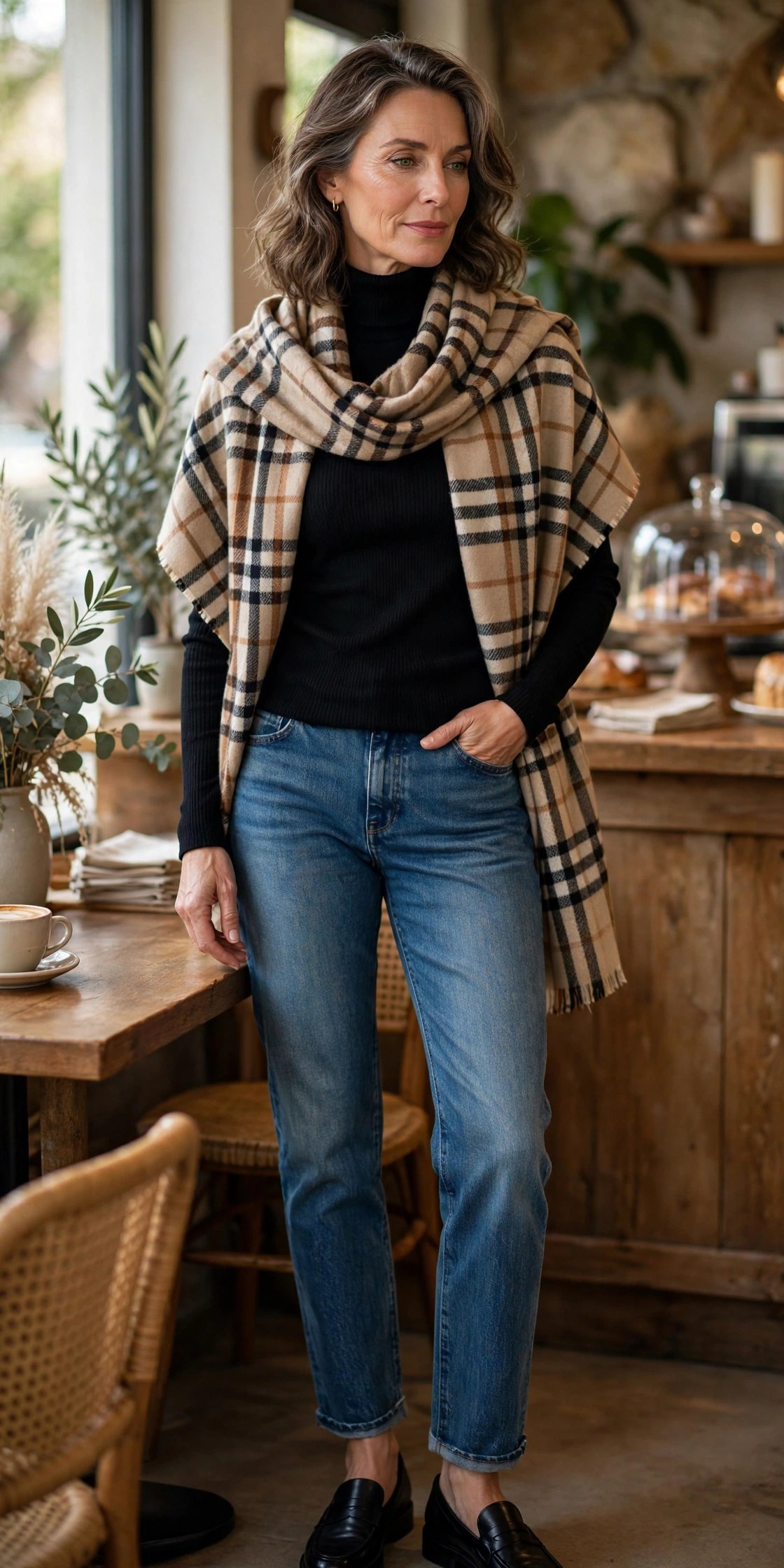 Woman over 50 wearing a black turtleneck and jeans with a plaid blanket scarf layered on top