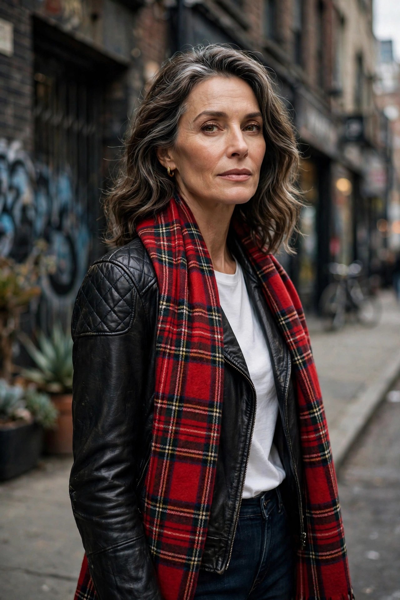 Woman over 50 in a black leather jacket with a red plaid blanket scarf