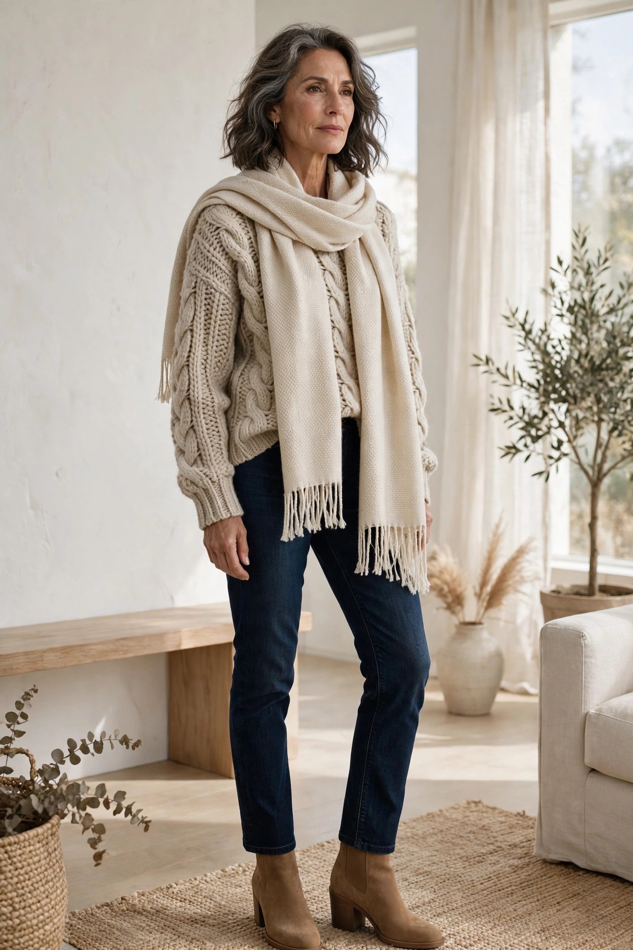 Woman over 50 in an oatmeal sweater with a cream blanket scarf, tonal monochrome outfit