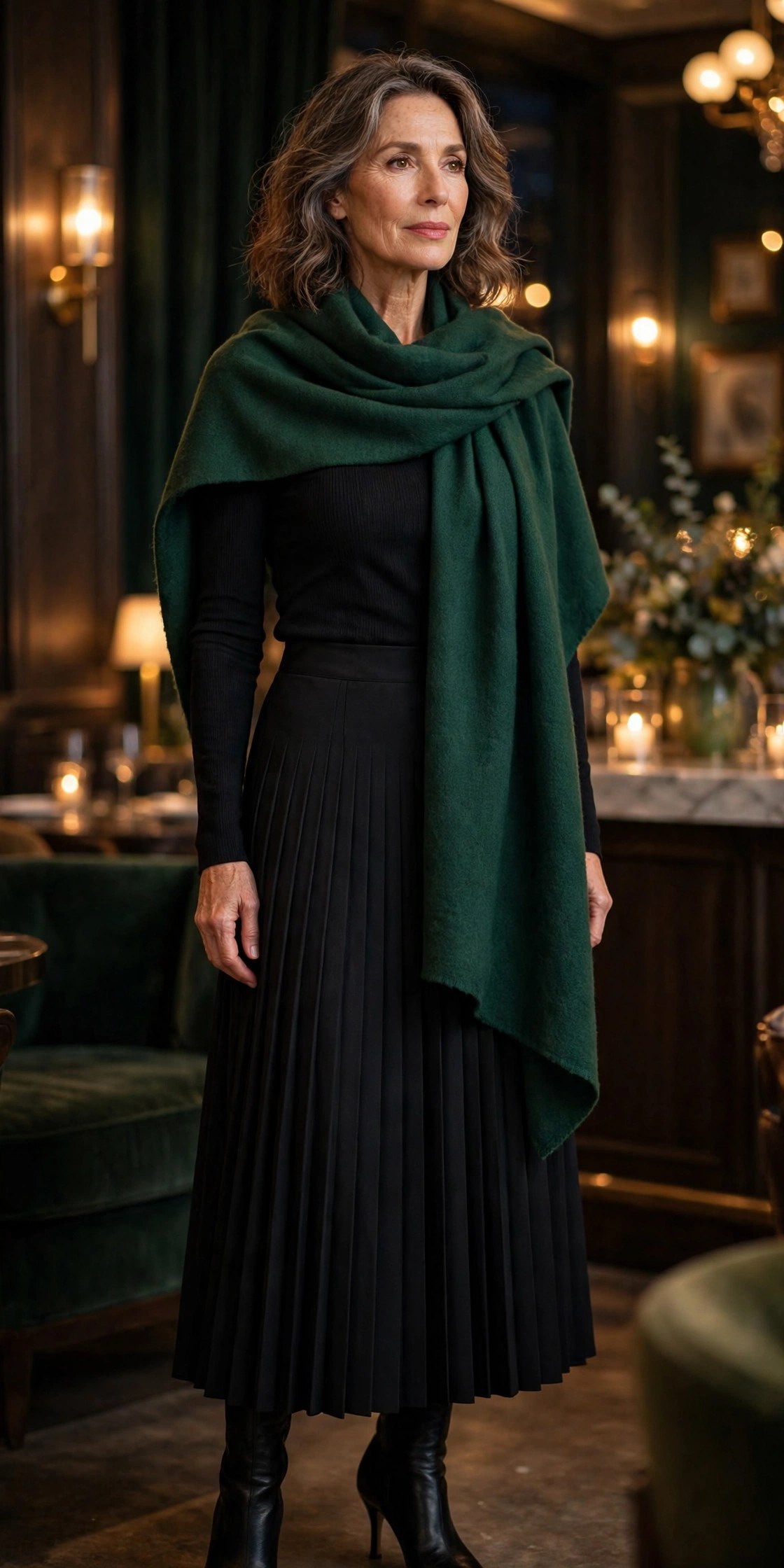 Woman over 50 wearing a black top and pleated skirt with a deep-green blanket scarf draped
