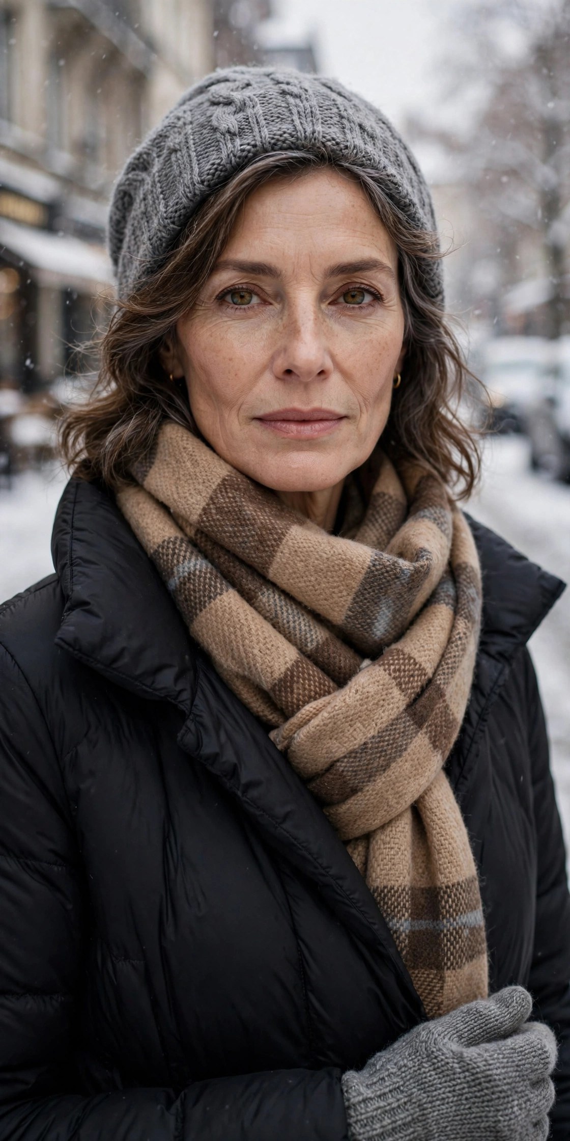 Woman over 50 in a puffer coat with a blanket scarf wrapped twice around her neck
