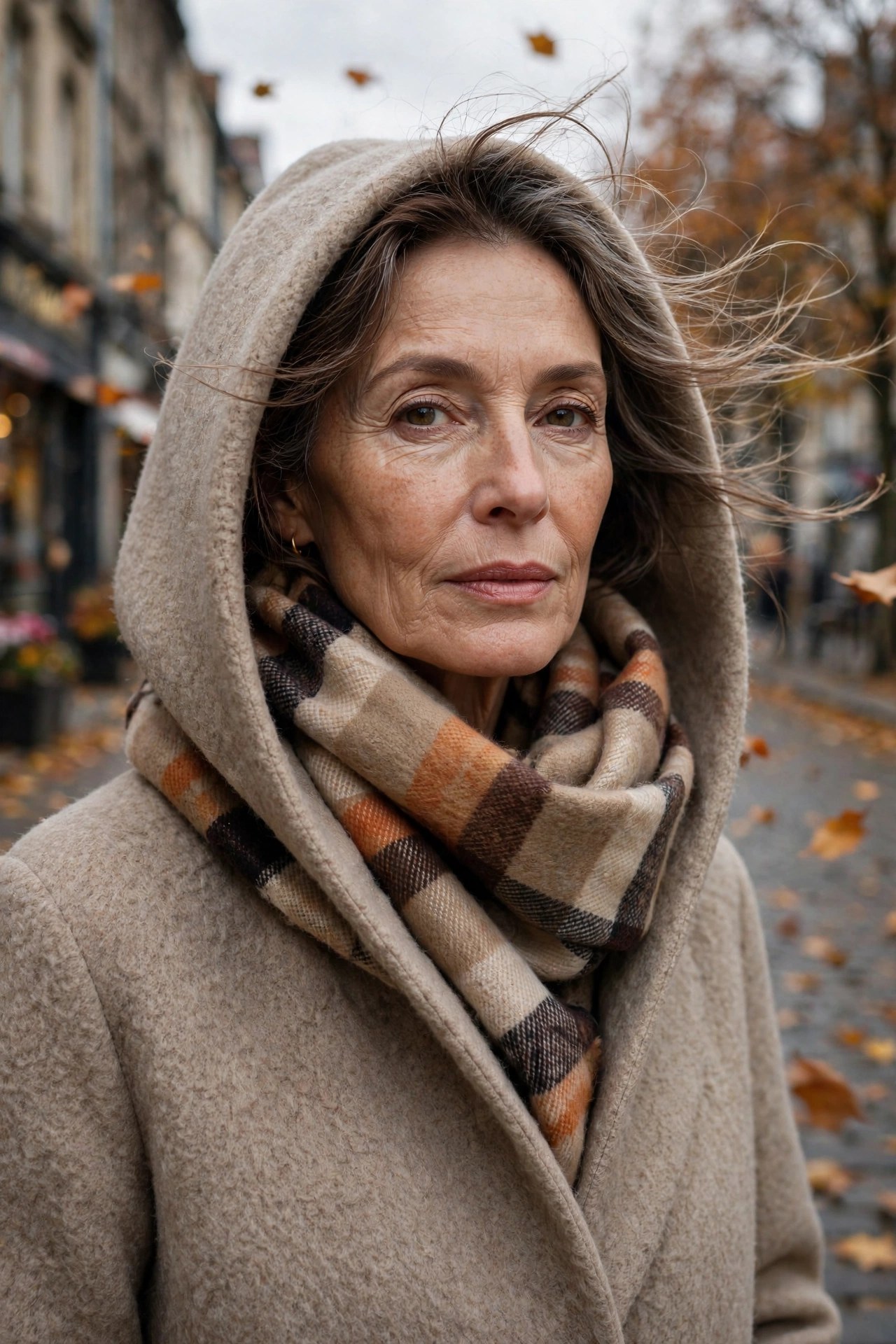 Woman over 50 in a hooded wool coat with a blanket scarf tucked under the hood