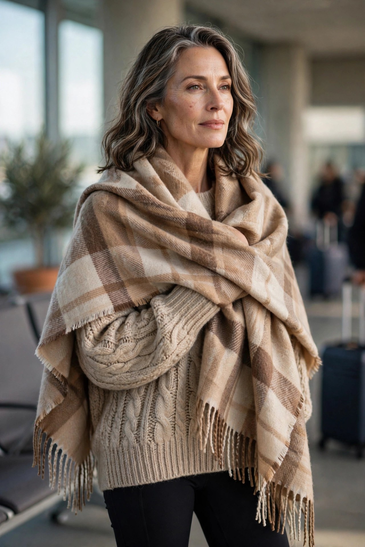 Woman over 50 at the airport wearing a large blanket scarf as a travel wrap