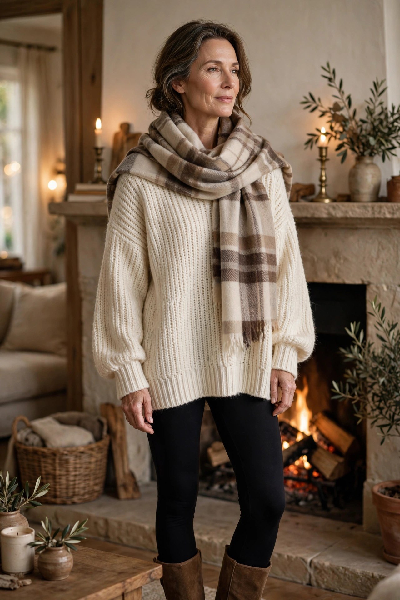 Woman over 50 by a fireplace in a cream sweater with a plaid blanket scarf