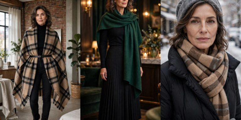 Blanket scarf styling ideas for women over 50 collage