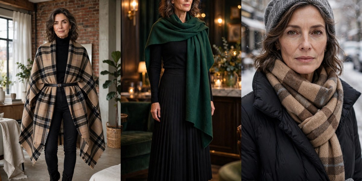 Blanket scarf styling ideas for women over 50 collage
