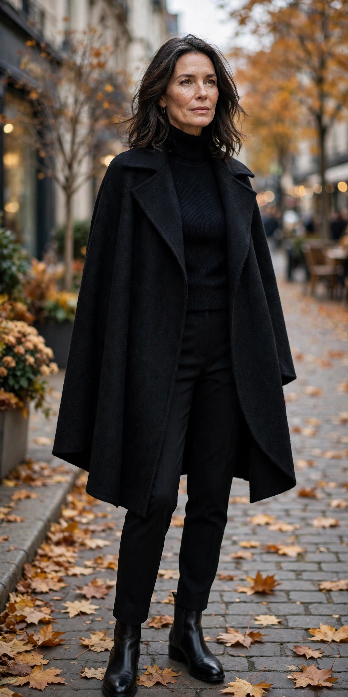 Woman over 50 wearing a black wool cape with black turtleneck and tapered trousers
