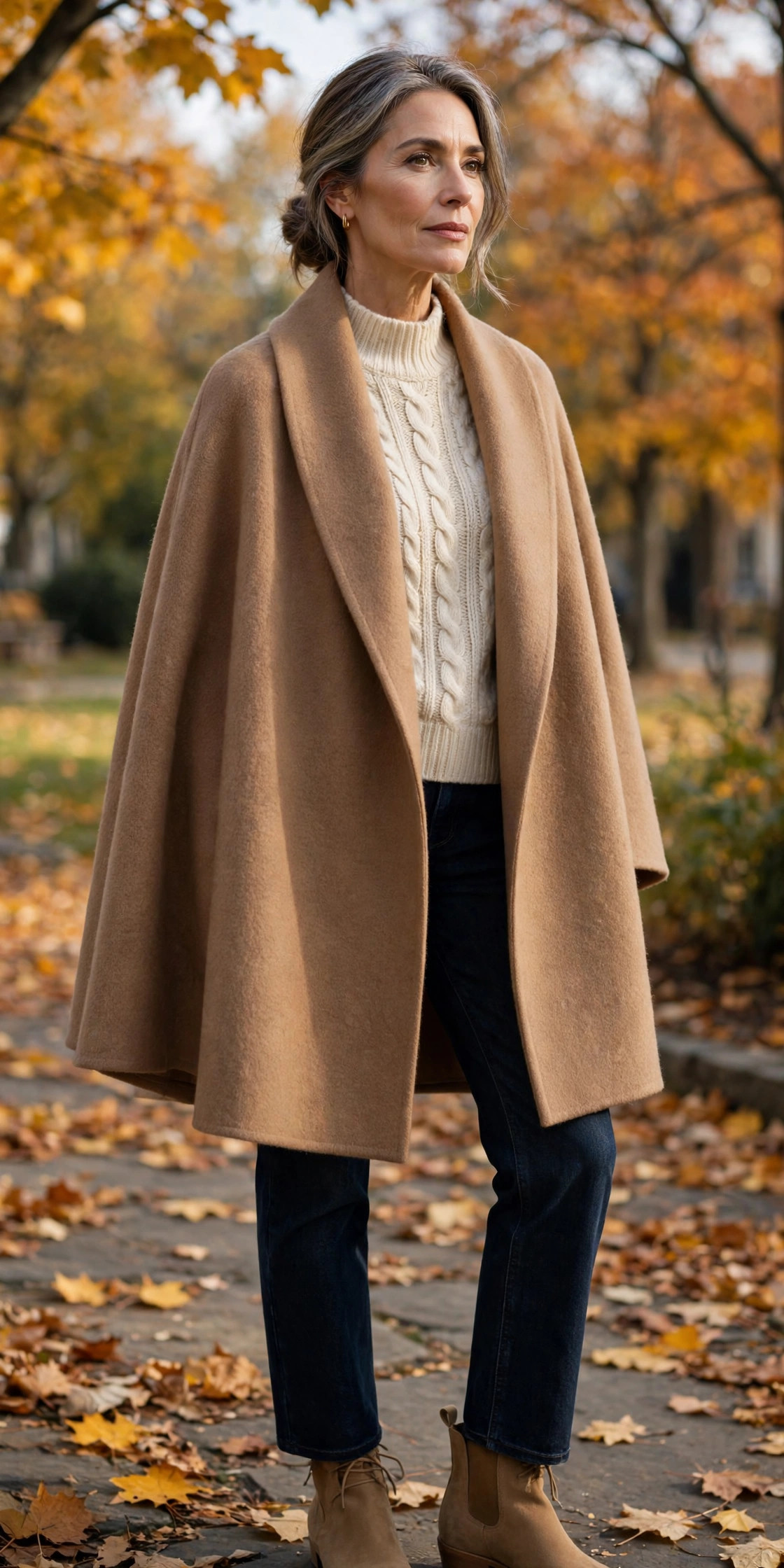 Woman over 50 in a camel wool cape over cream cable-knit sweater and dark jeans