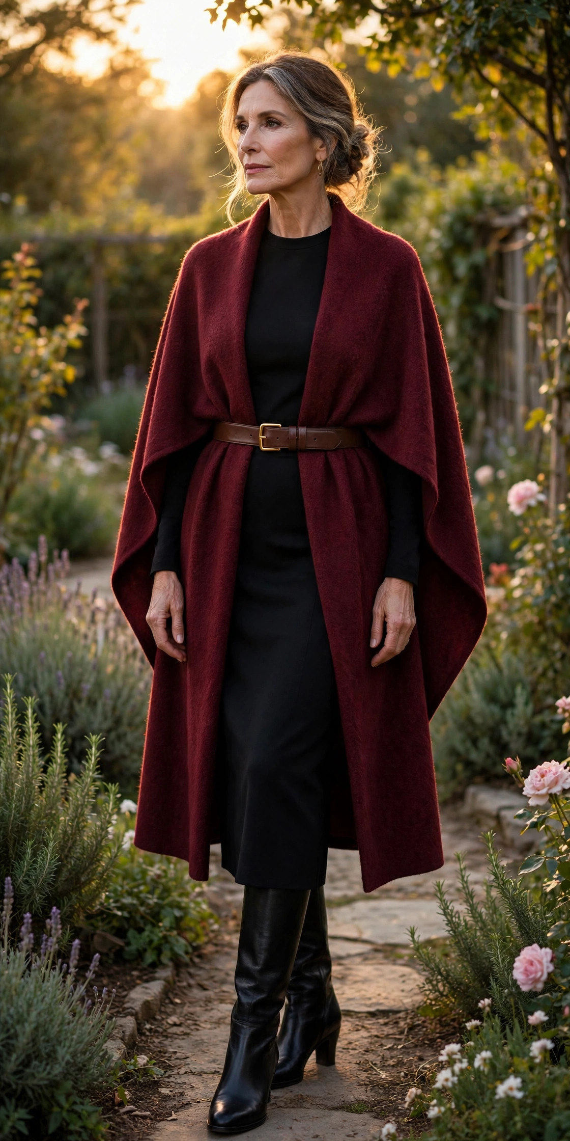 Burgundy cape belted at the waist over a black midi dress with knee boots
