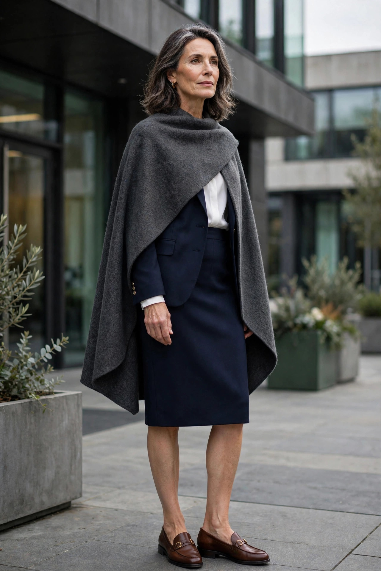 Charcoal gray cape over a navy blazer, white blouse and pencil skirt for the office