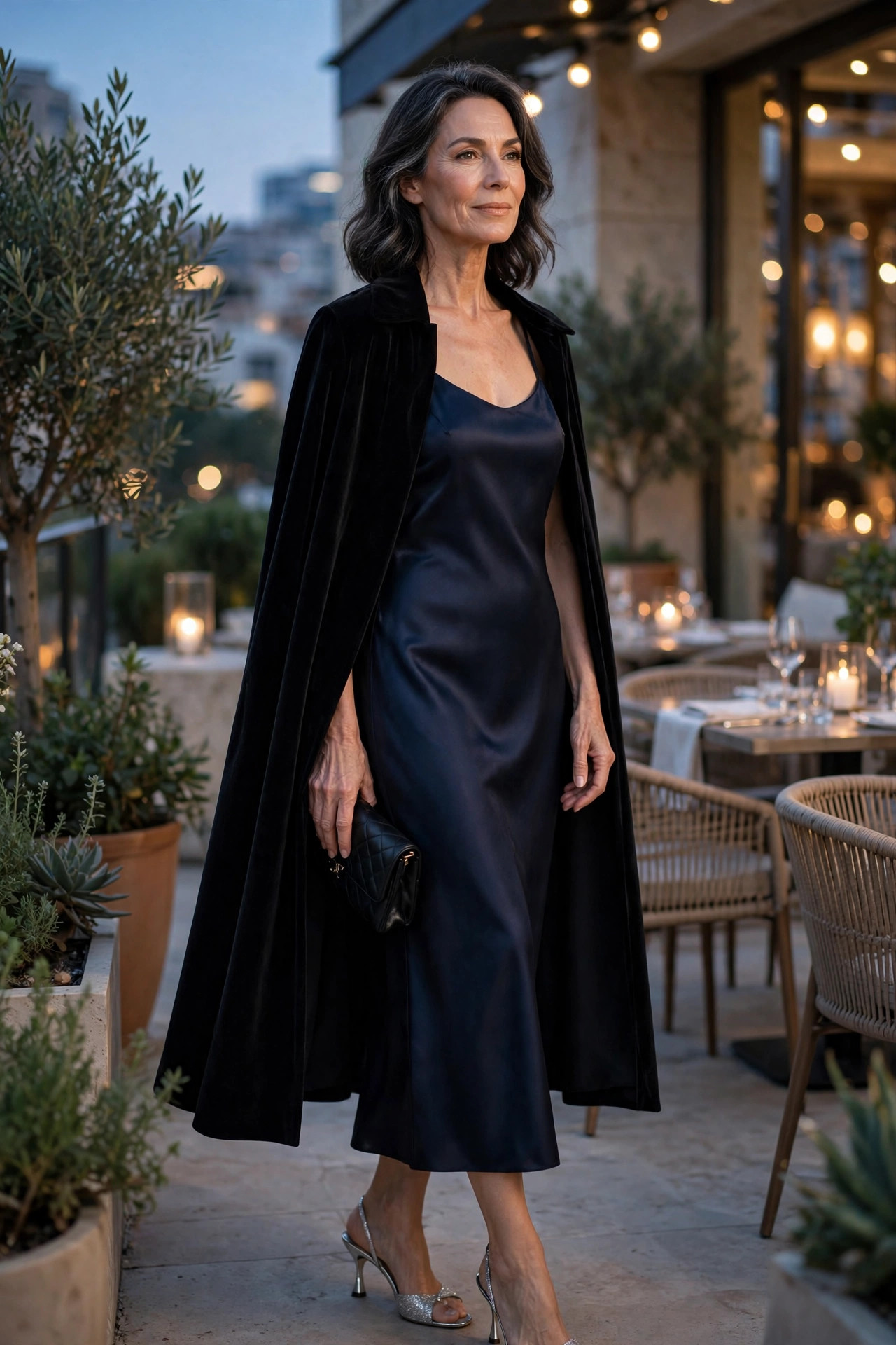 Black evening cape over a navy satin slip dress with silver heels