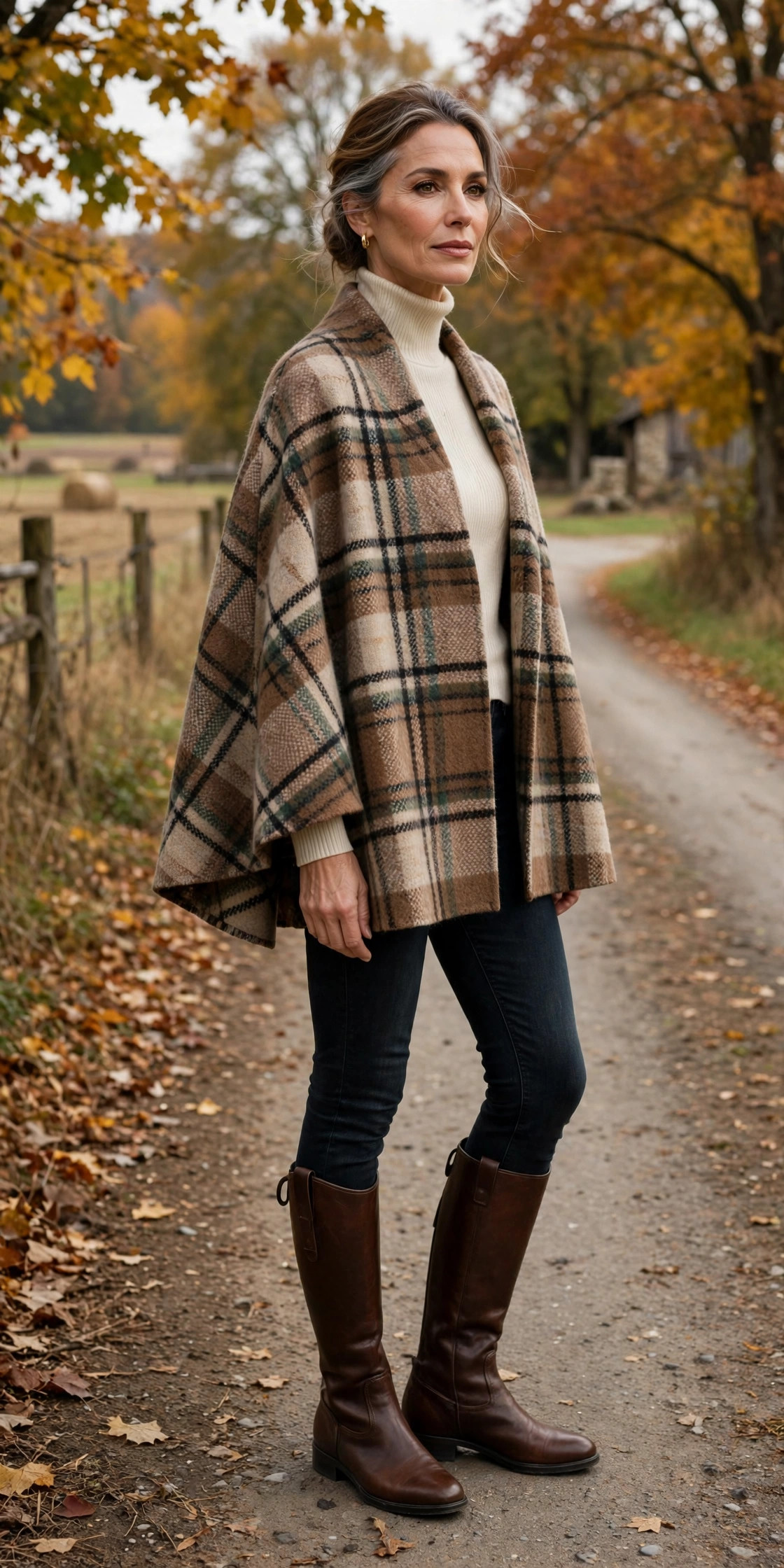 Plaid wool cape over an ivory turtleneck, skinny jeans and brown riding boots