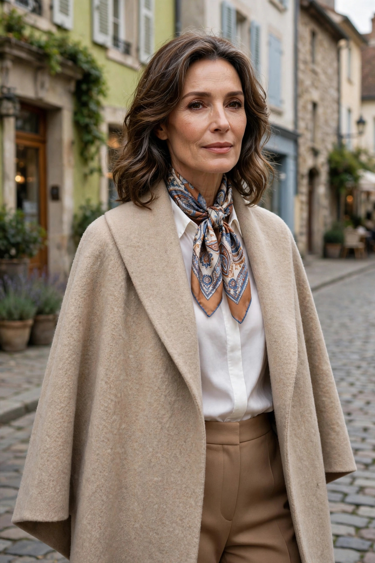 Beige cape with a patterned silk scarf over a white shirt and camel trousers