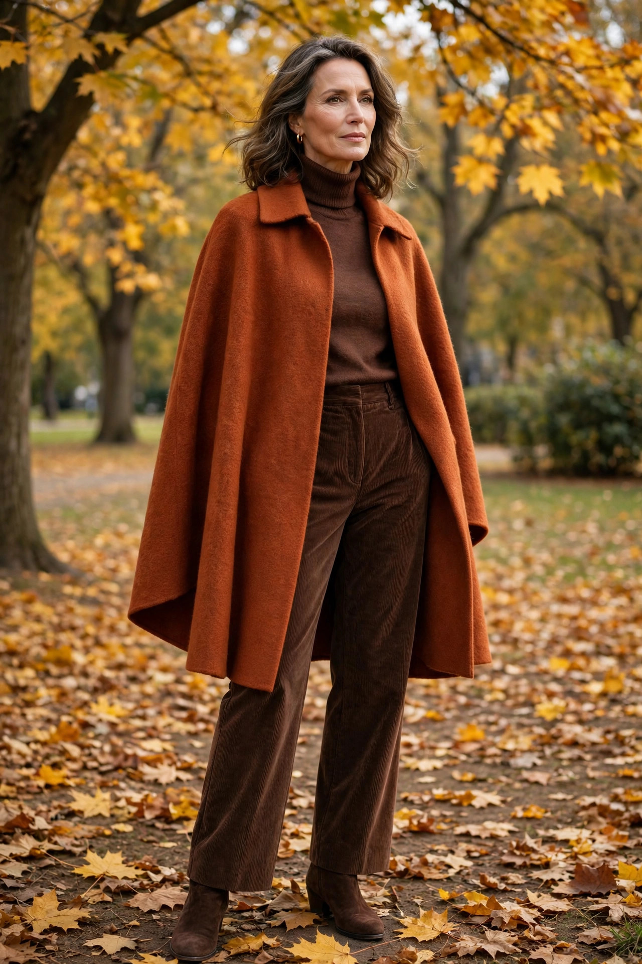 Rust-orange cape over a chocolate turtleneck, corduroy trousers and suede boots