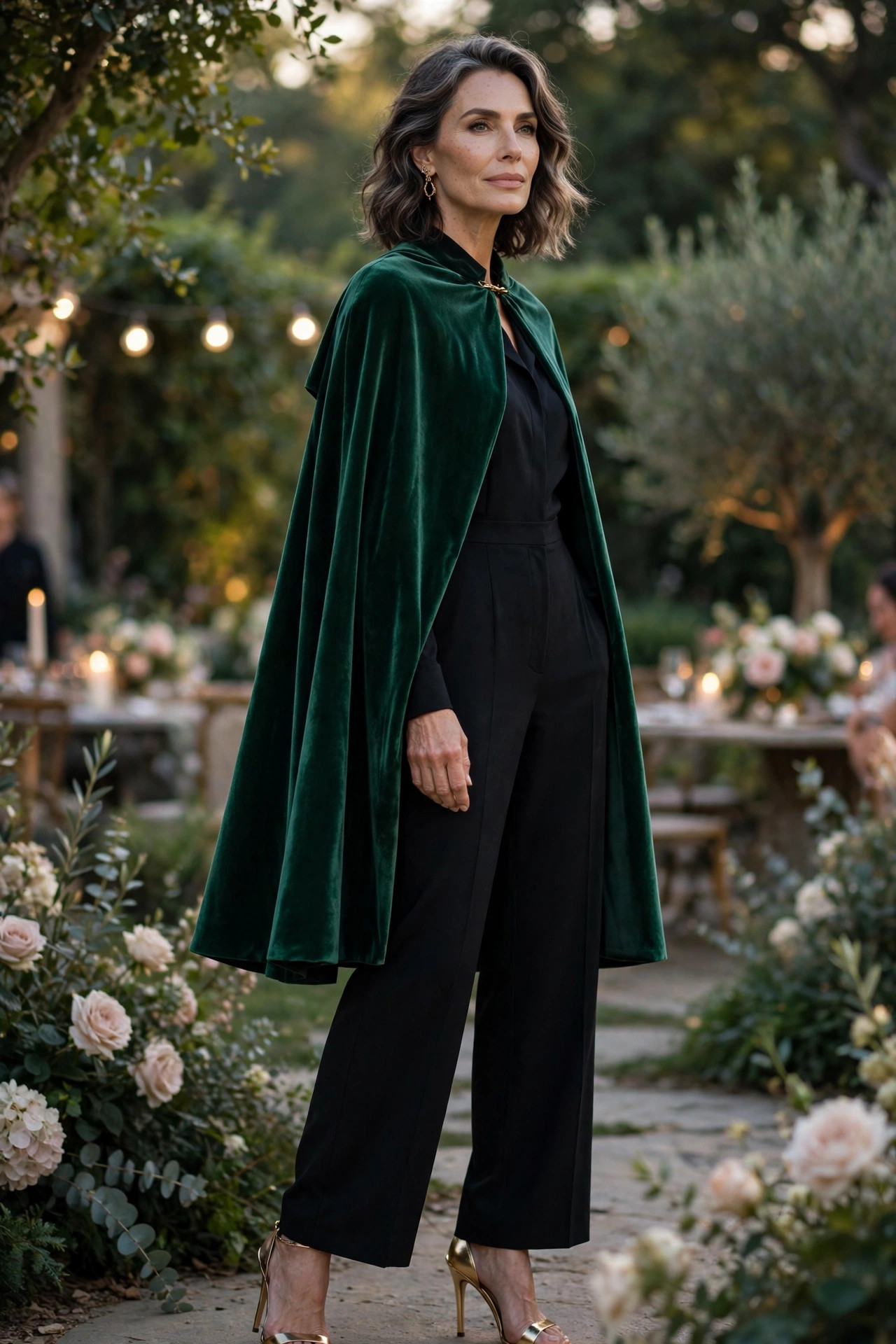 Emerald green cape over a black jumpsuit with metallic gold heels for evening