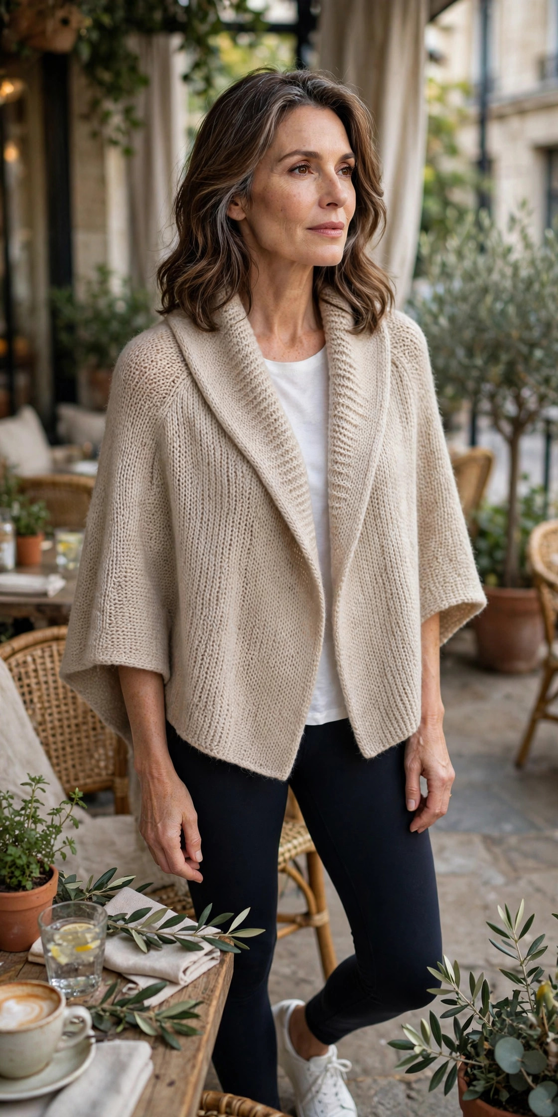 Beige knit cape over a white tee and leggings with white sneakers, casual