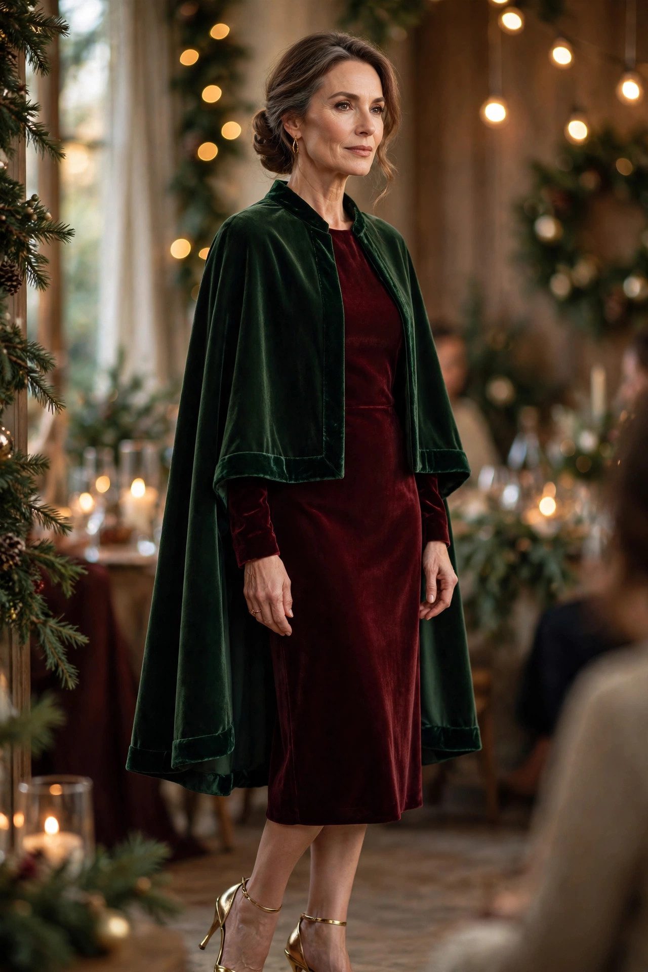 Deep green cape with velvet trim over a burgundy velvet midi dress, holiday look