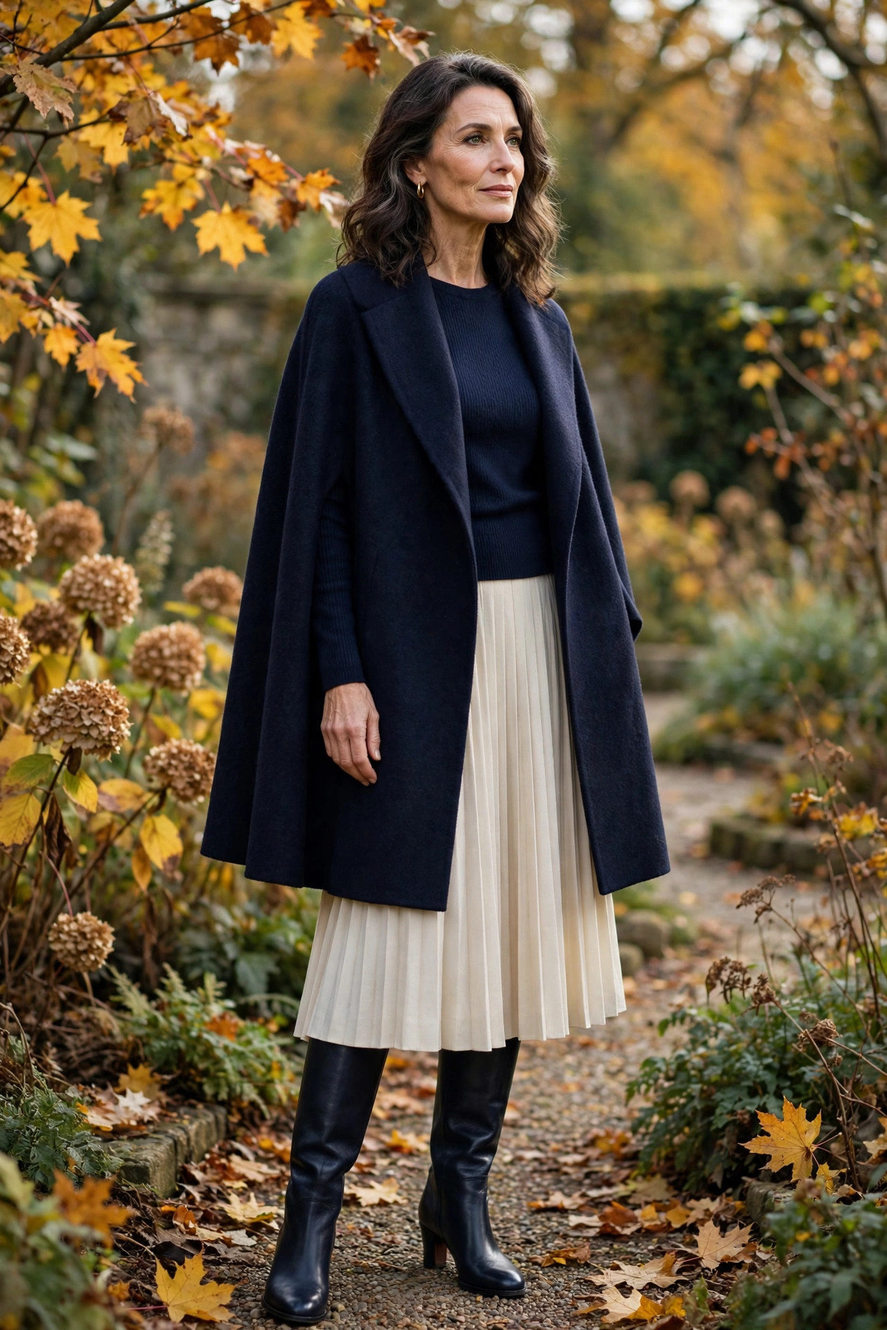 Navy cape over a pleated cream midi skirt, navy top and knee boots